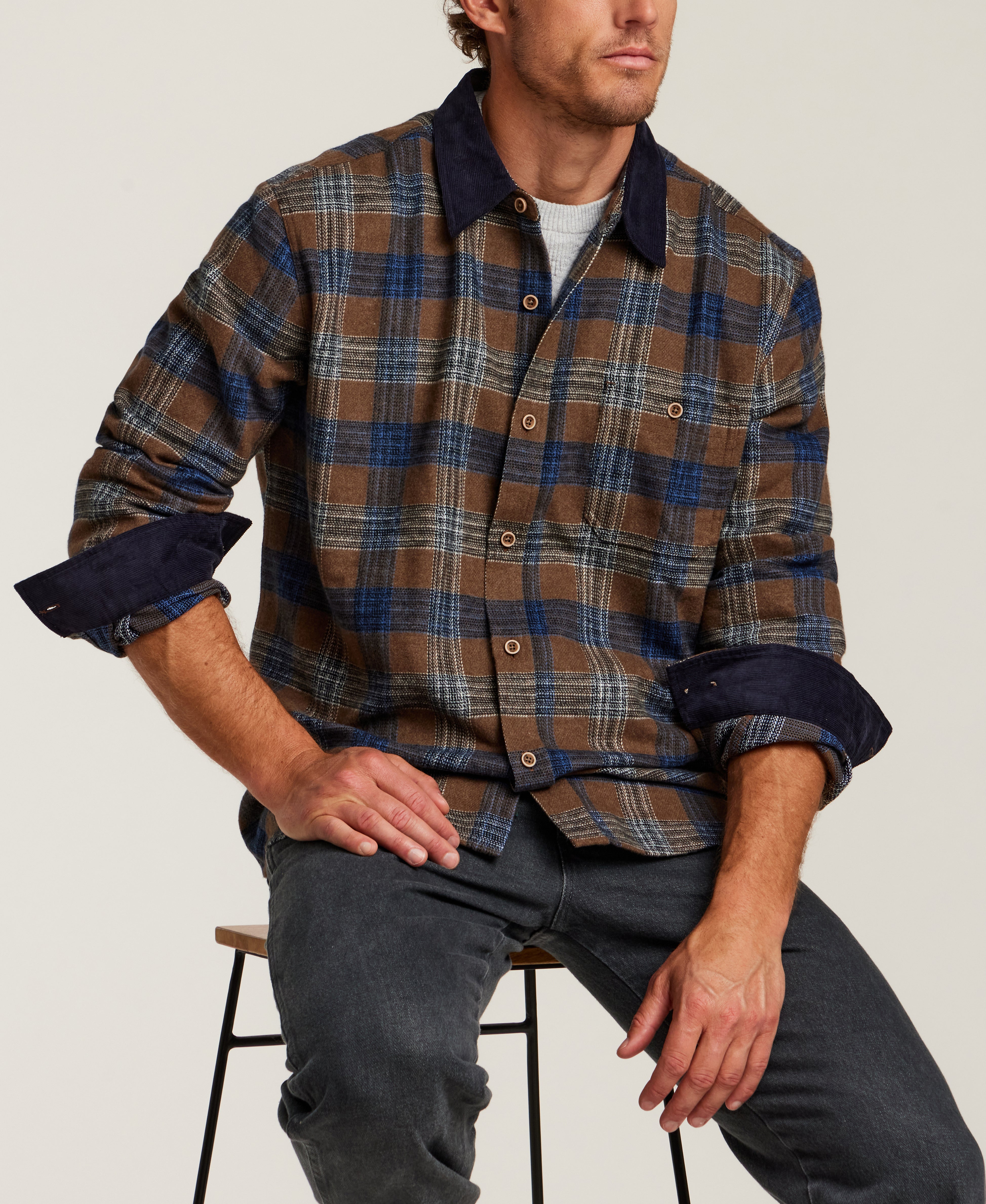Cord Collar Plaid Overshirt in Brown
