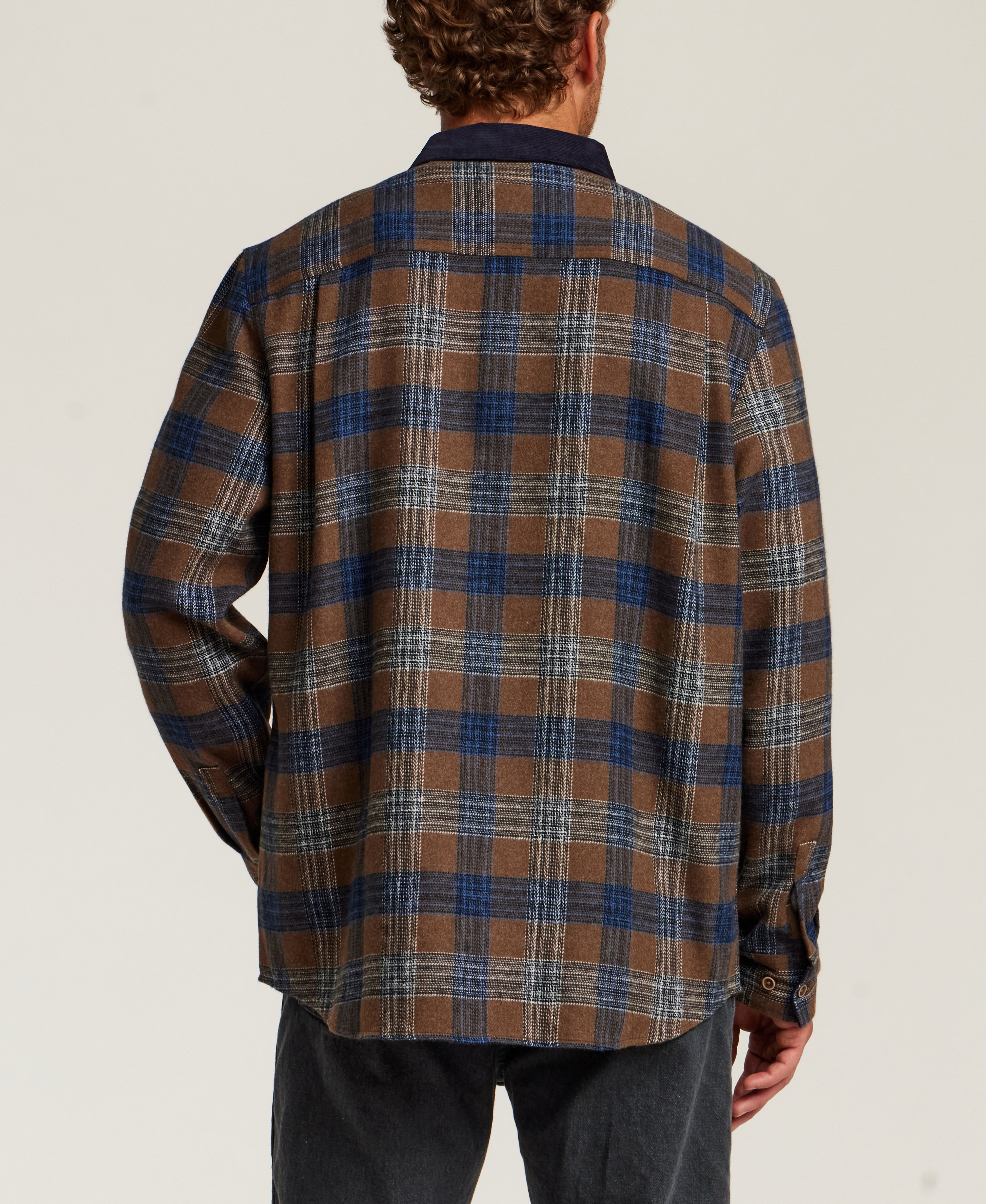 Cord Collar Plaid Overshirt in Brown