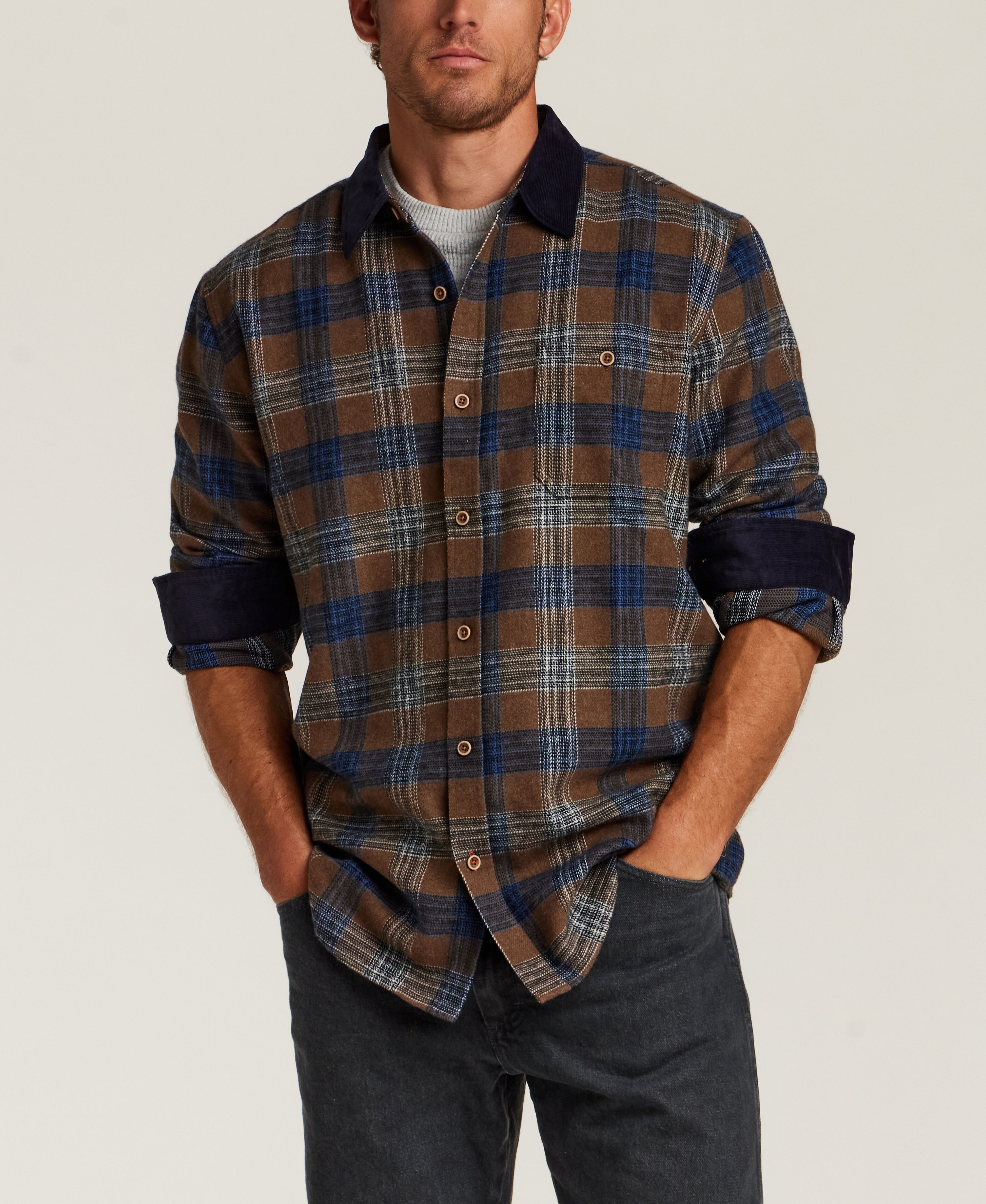 Cord Collar Plaid Overshirt in Brown