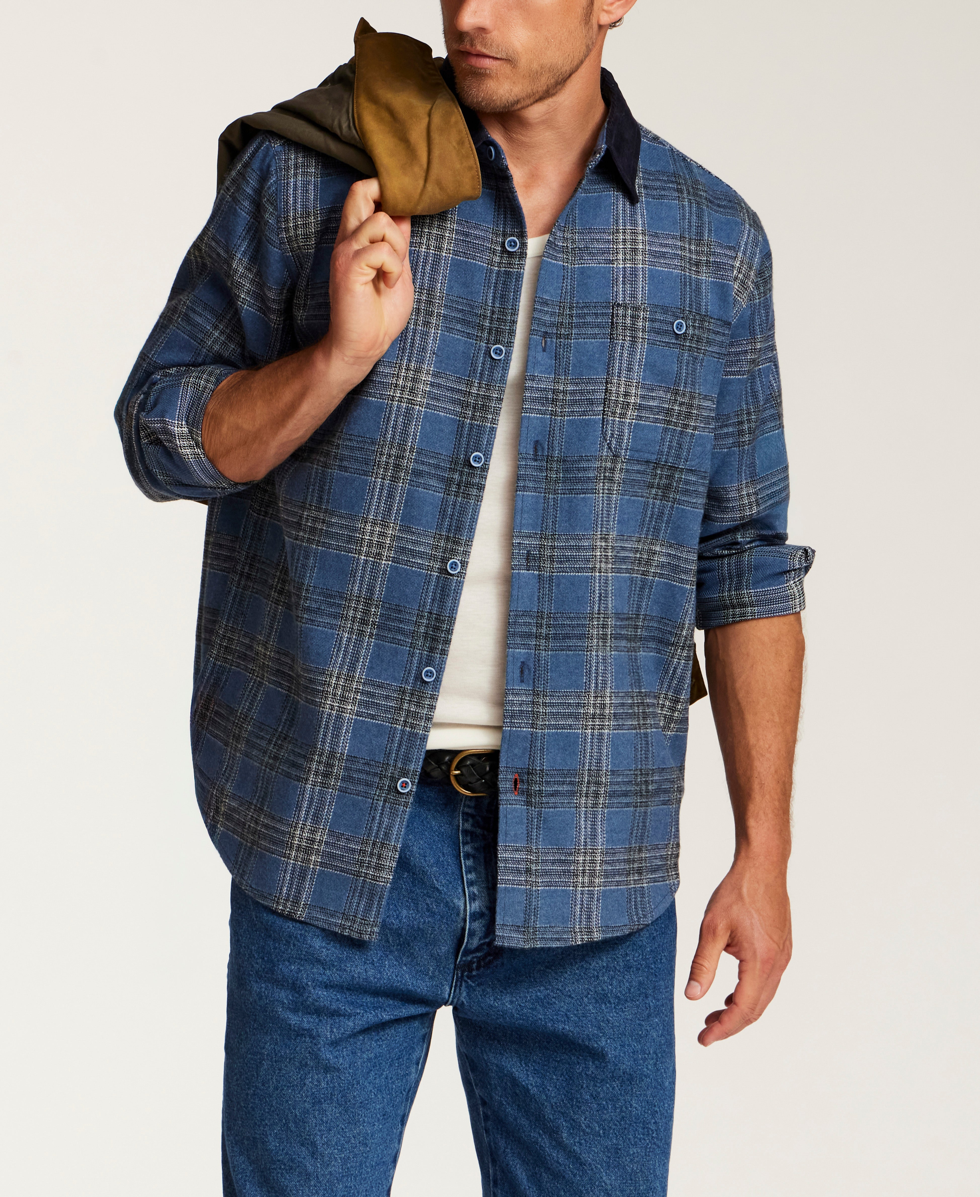 CORDUROY COLLAR HEAVY FLANNEL OVERSHIRT in STELLAR BLUE (F2685971WV)