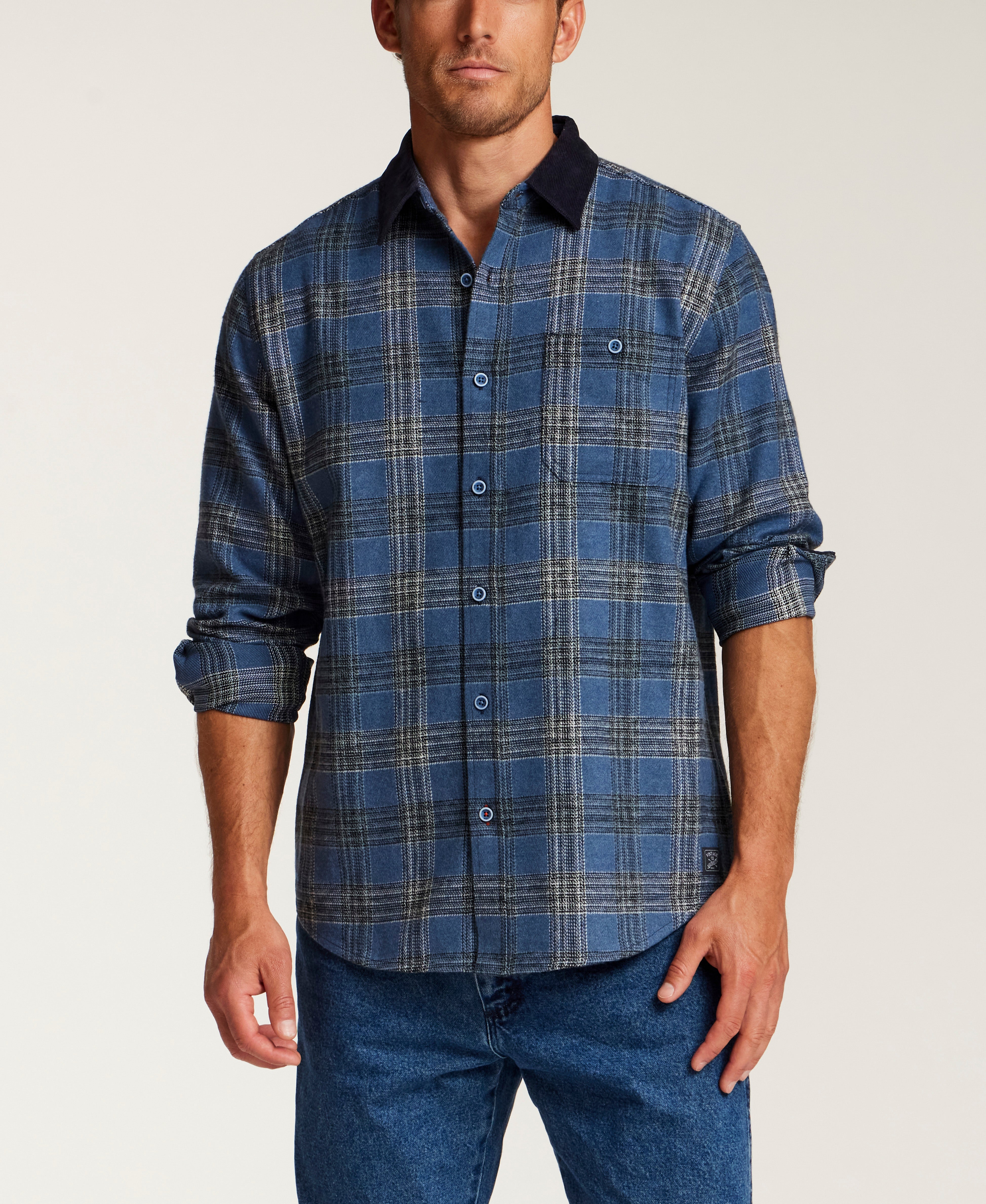 CORDUROY COLLAR HEAVY FLANNEL OVERSHIRT in STELLAR BLUE (F2685971WV)