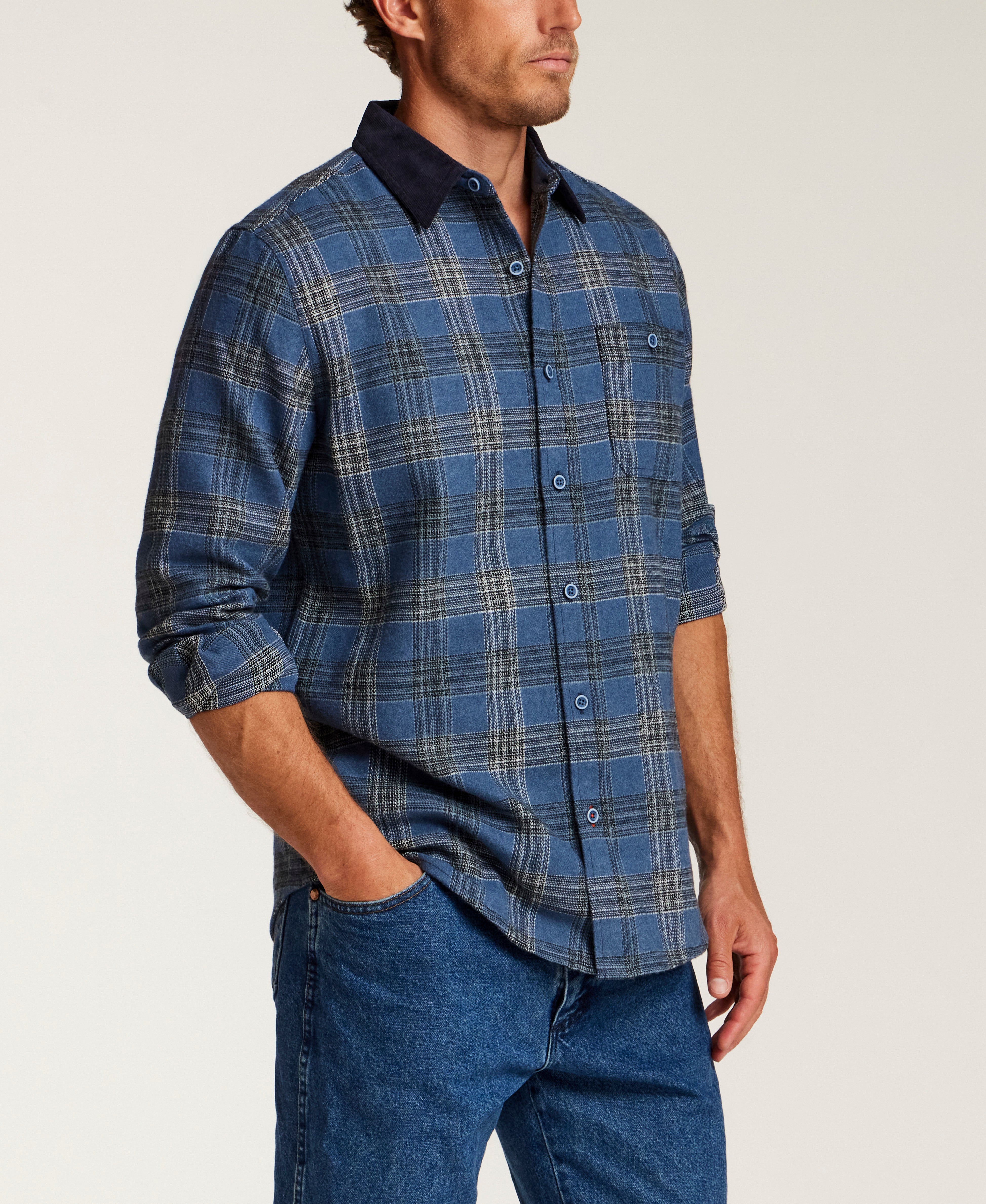 CORDUROY COLLAR HEAVY FLANNEL OVERSHIRT in STELLAR BLUE (F2685971WV)