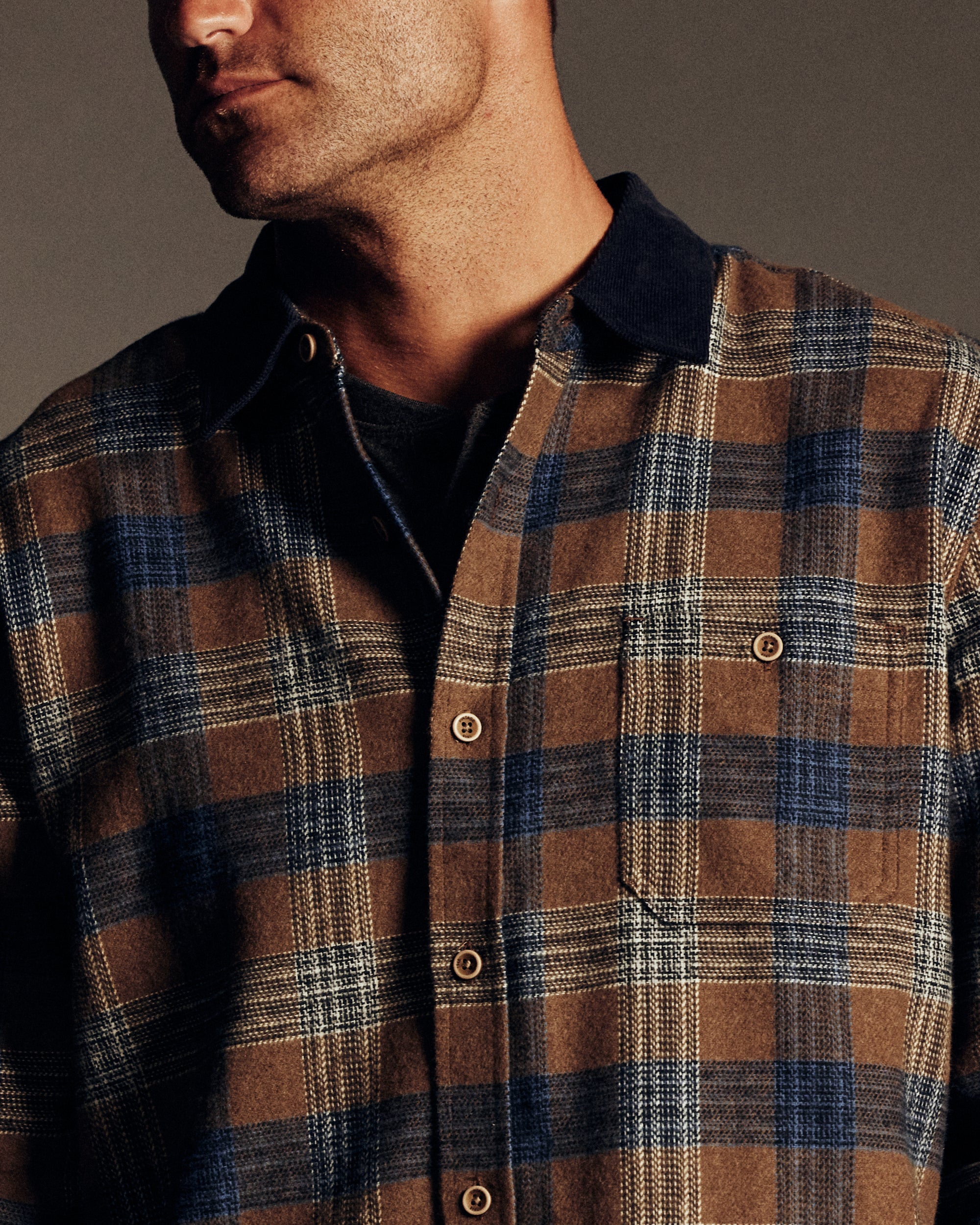 Cord Collar Plaid Overshirt in Brown