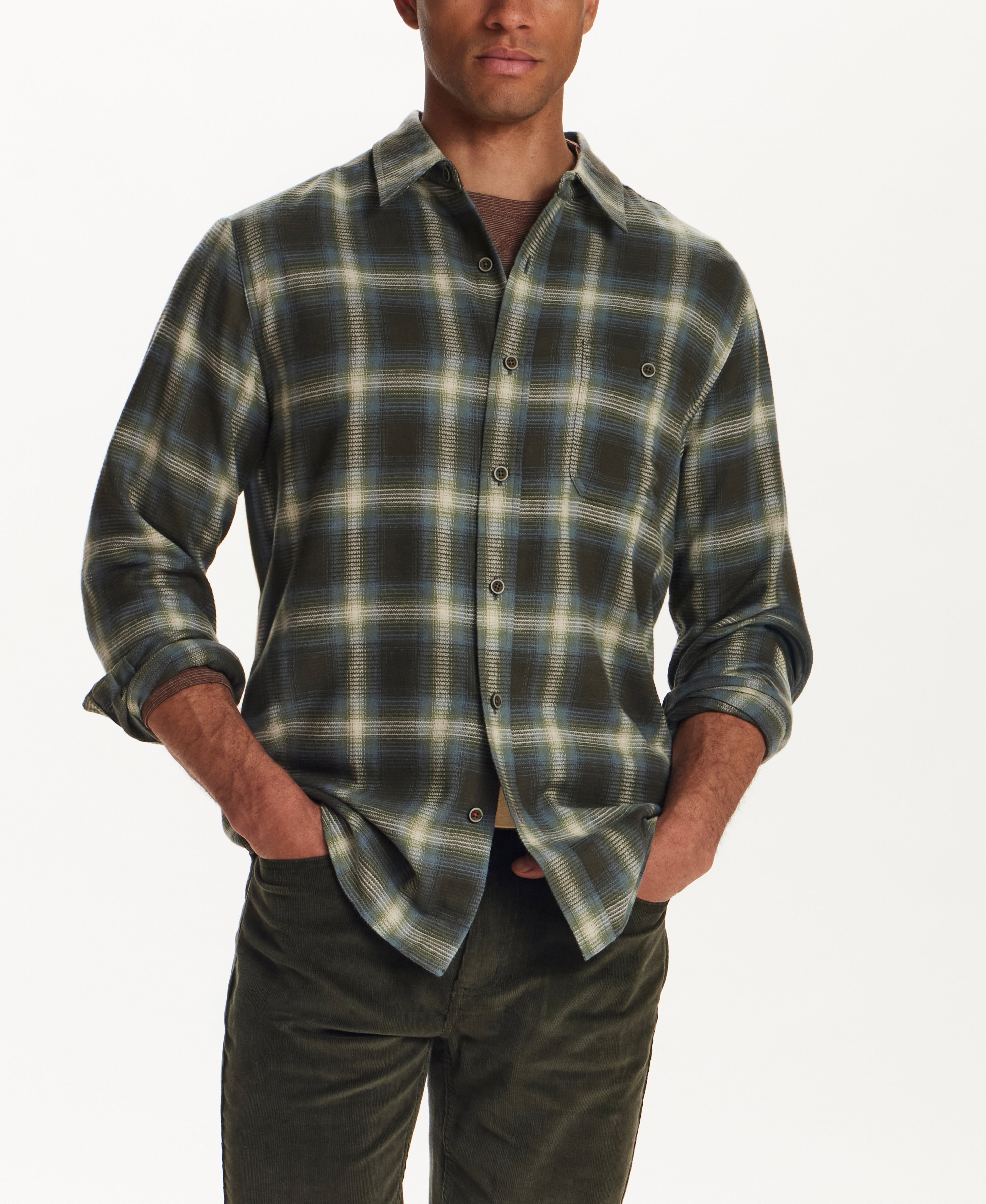Brushed Waffle Plaid Shirt in Forest Night