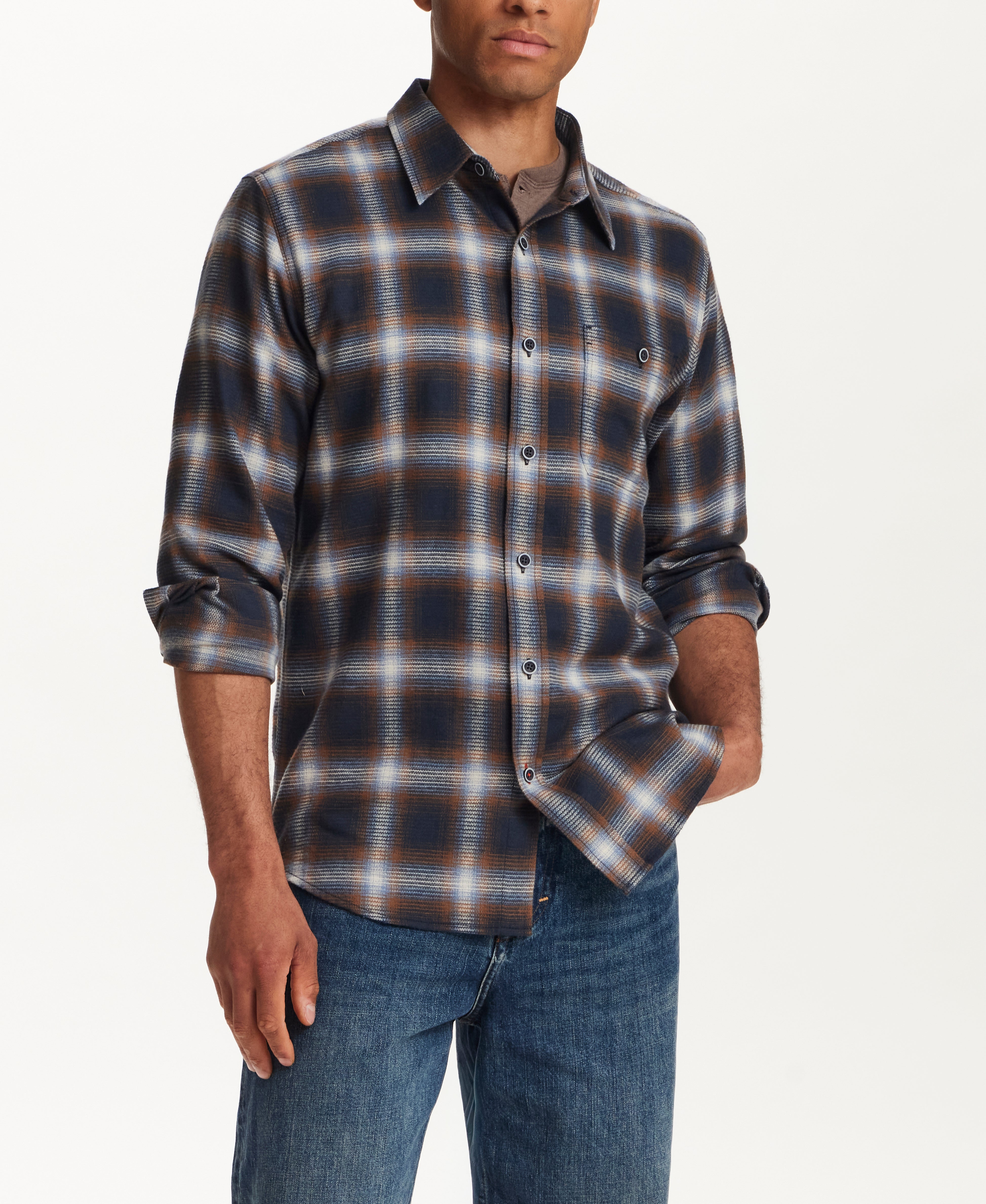 Brushed Waffle Plaid Shirt in Midnight Navy