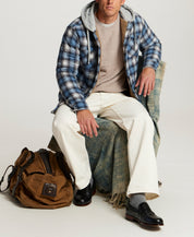 Quilted Sherpa-Lined Hooded Shirt Jacket in Blue Fin