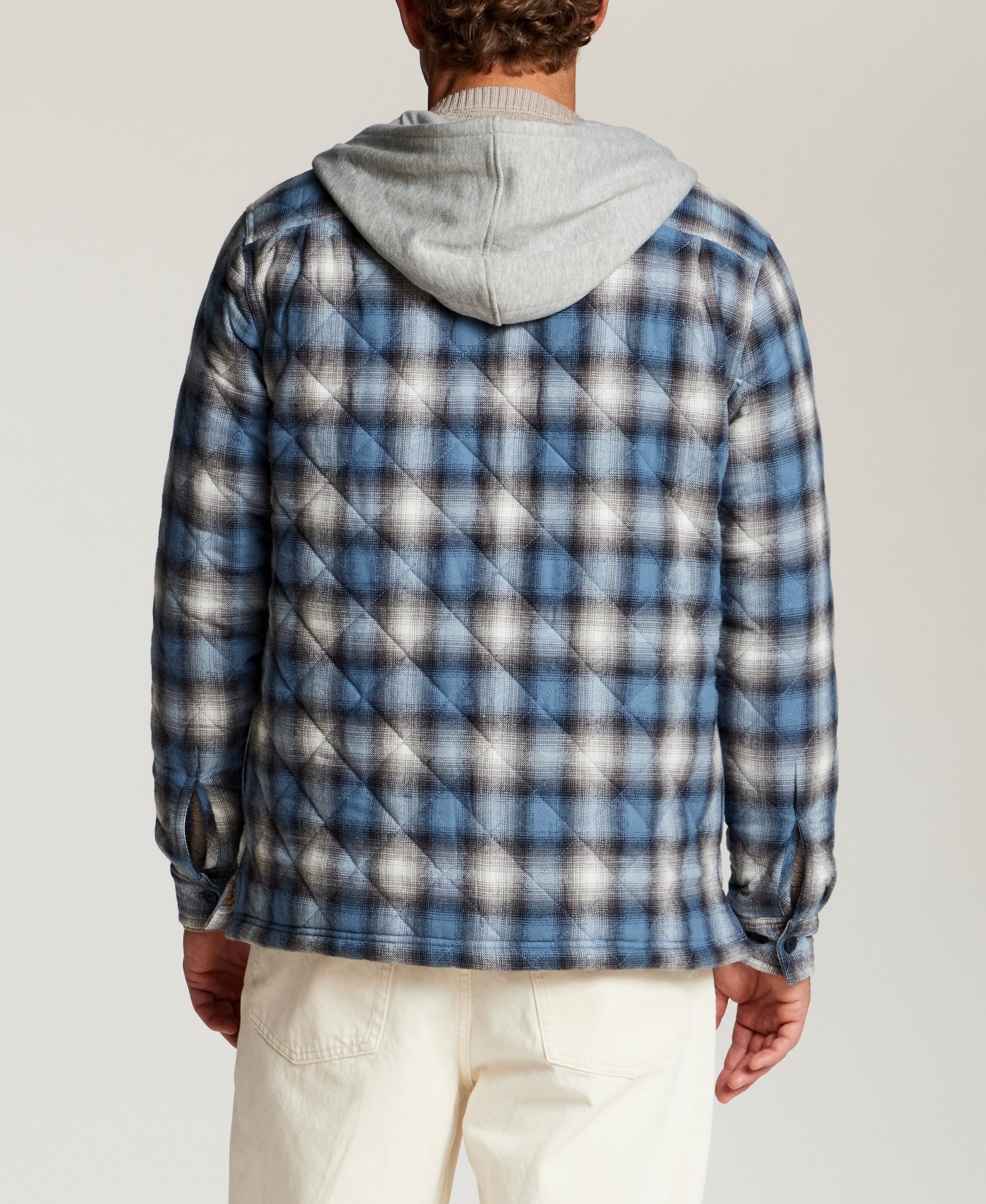 Quilted Sherpa-Lined Hooded Shirt Jacket in Blue Fin