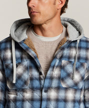 Quilted Sherpa-Lined Hooded Shirt Jacket in Blue Fin