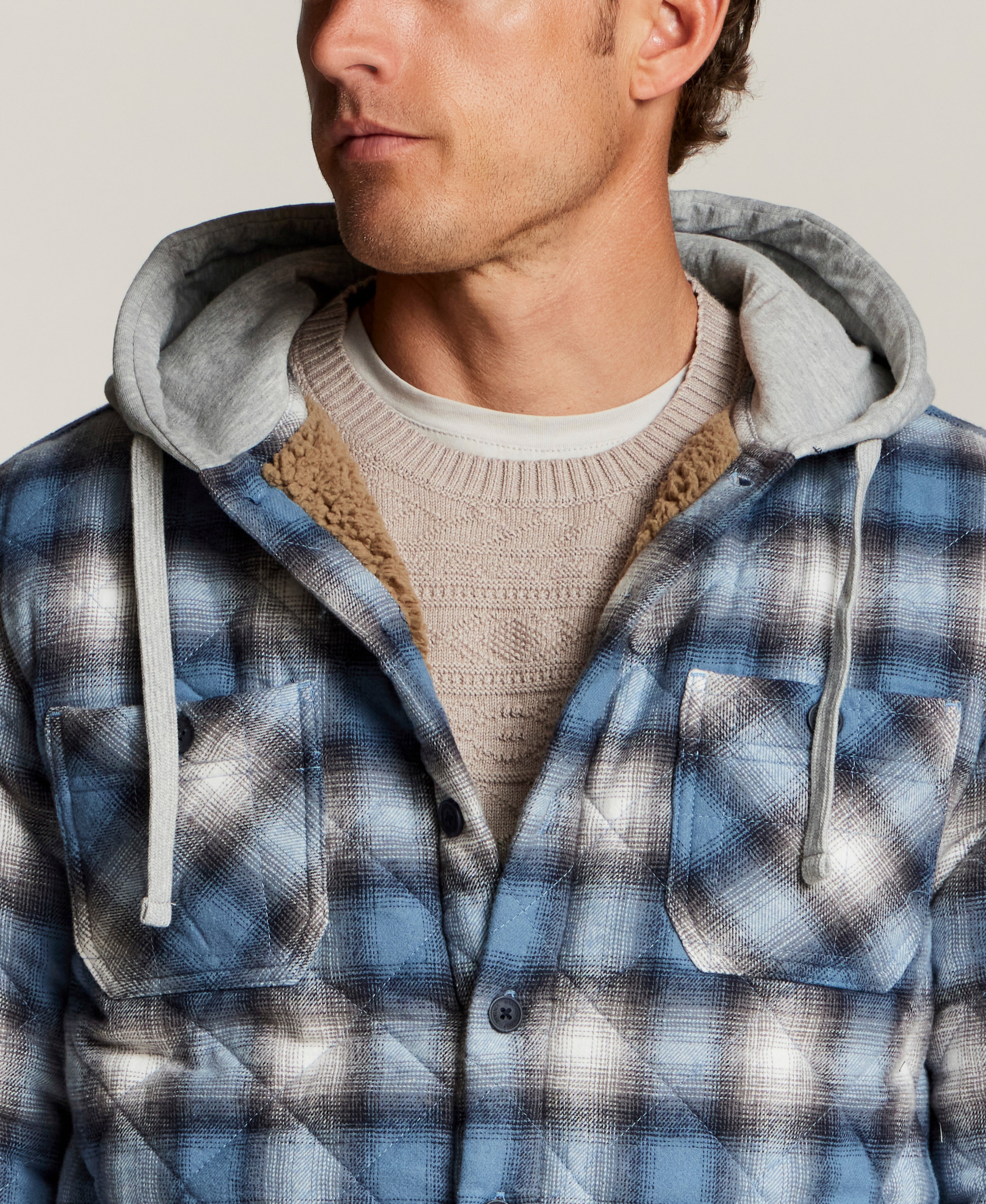 Quilted Sherpa-Lined Hooded Shirt Jacket in Blue Fin