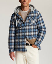 Quilted Sherpa-Lined Hooded Shirt Jacket in Blue Fin