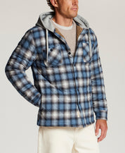 Quilted Sherpa-Lined Hooded Shirt Jacket in Blue Fin