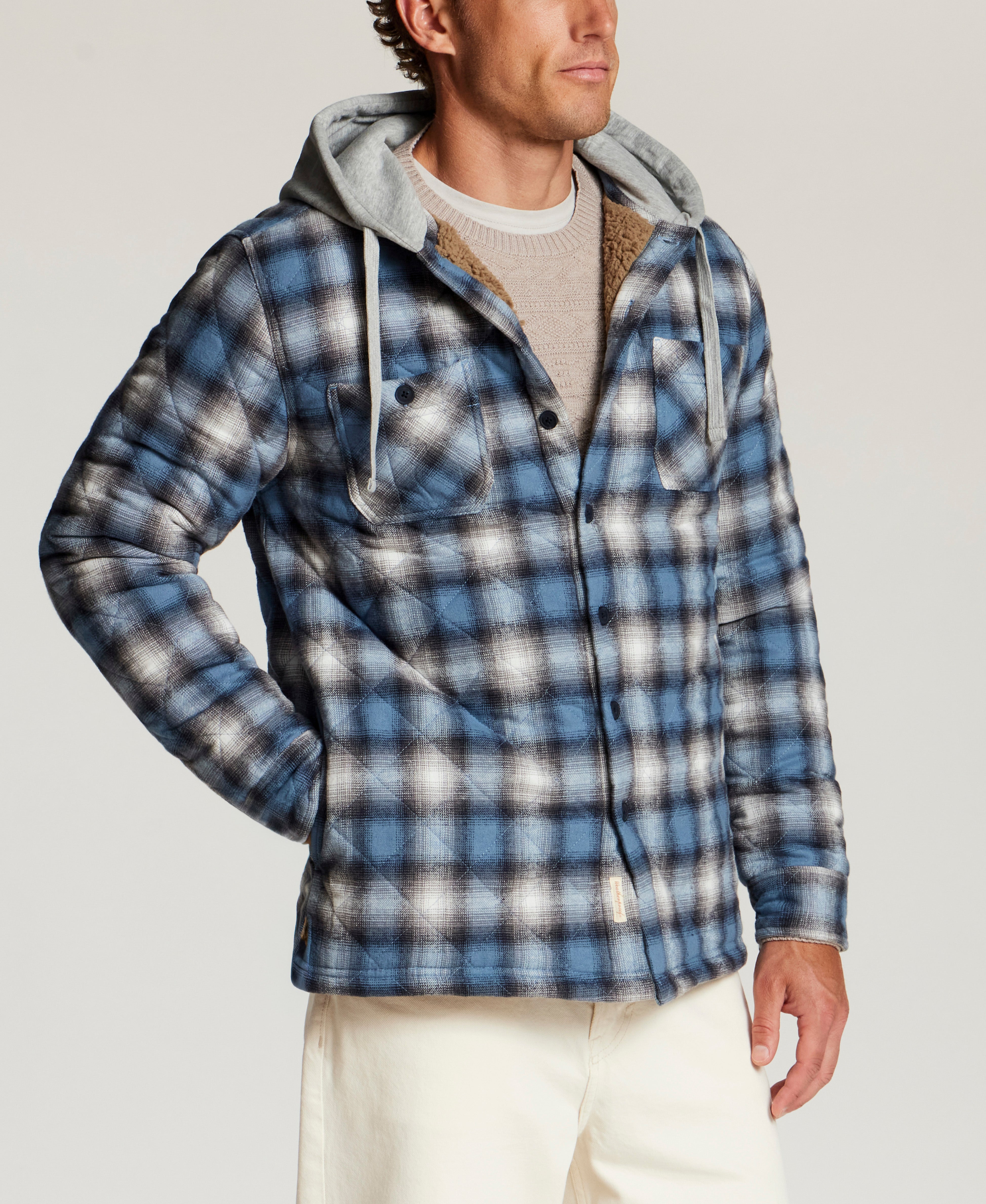 Quilted Sherpa-Lined Hooded Shirt Jacket in Blue Fin