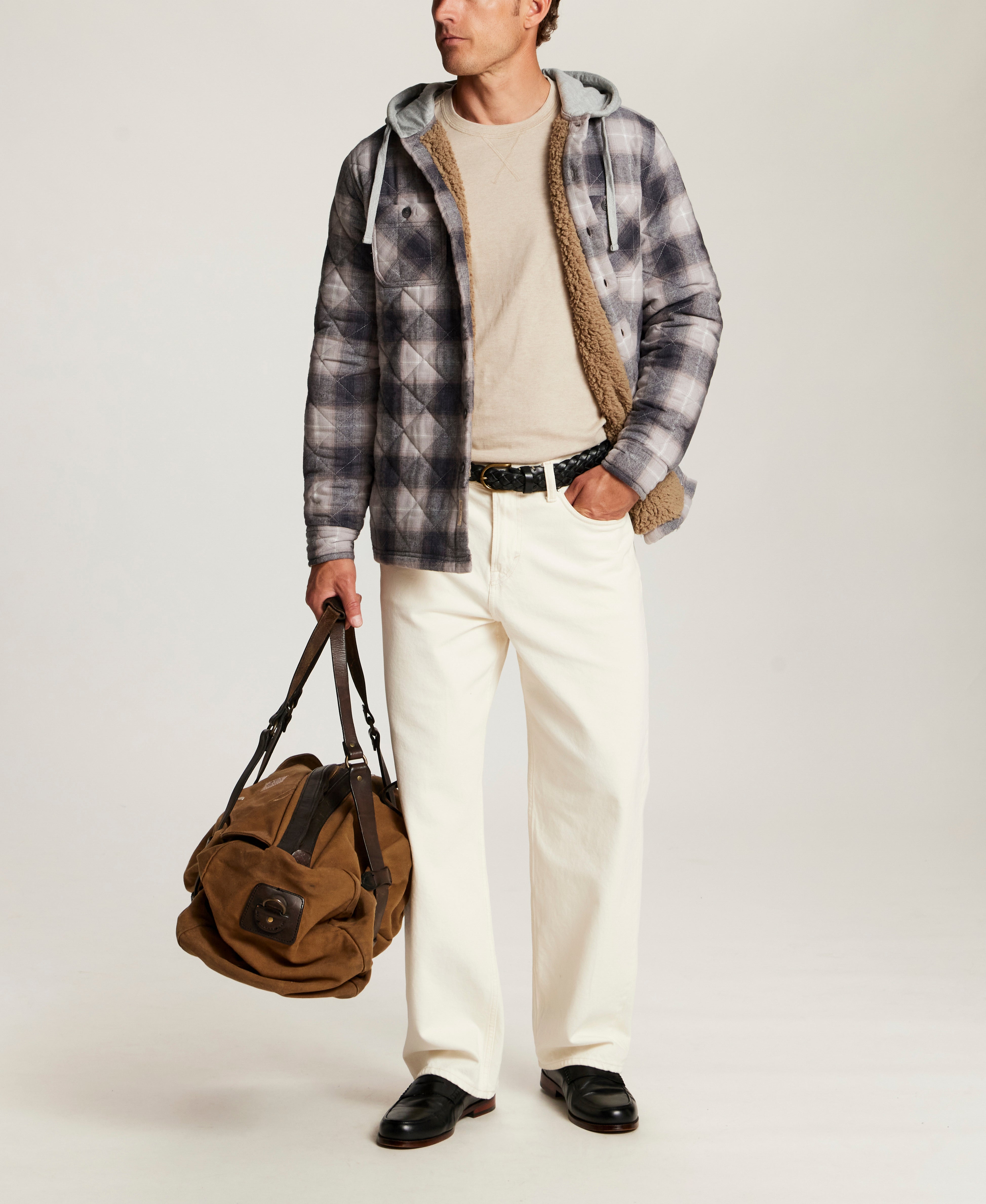 Quilted Sherpa-Lined Hooded Shirt Jacket in Burnt Ash
