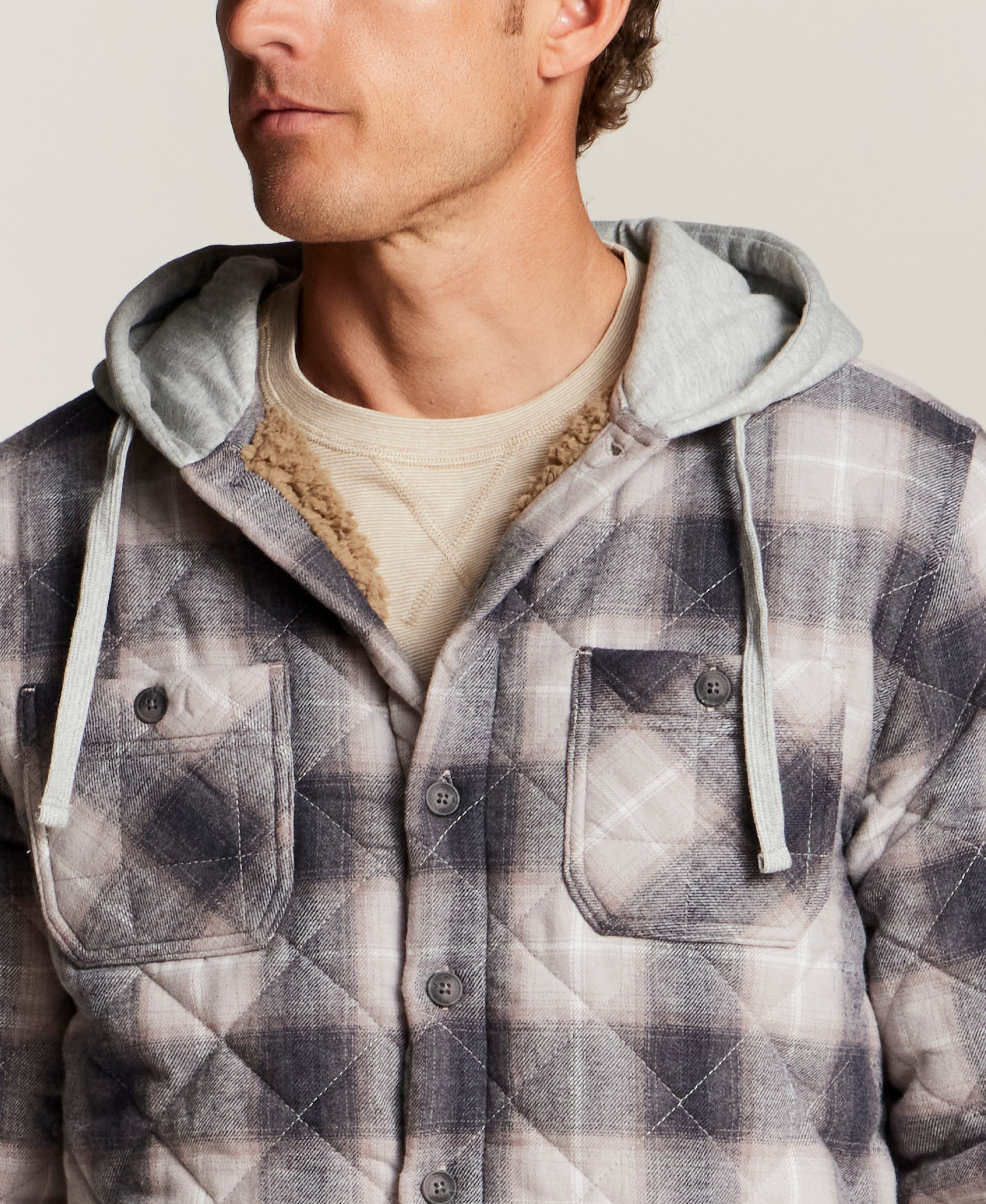 Quilted Sherpa-Lined Hooded Shirt Jacket in Burnt Ash