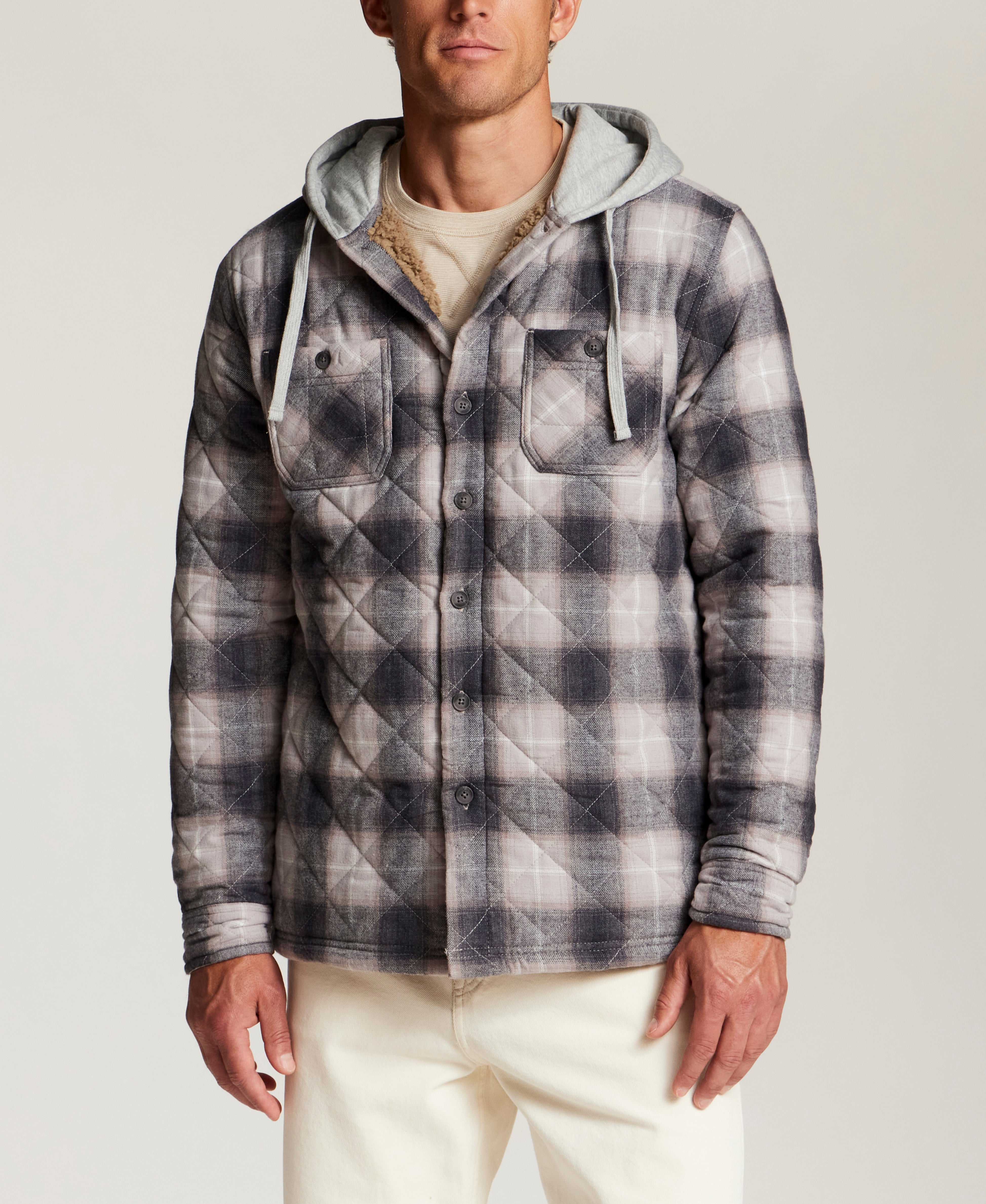 Quilted Sherpa-Lined Hooded Shirt Jacket in Burnt Ash