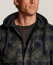 Quilted Sherpa-Lined Hooded Shirt Jacket in Grape Leaf