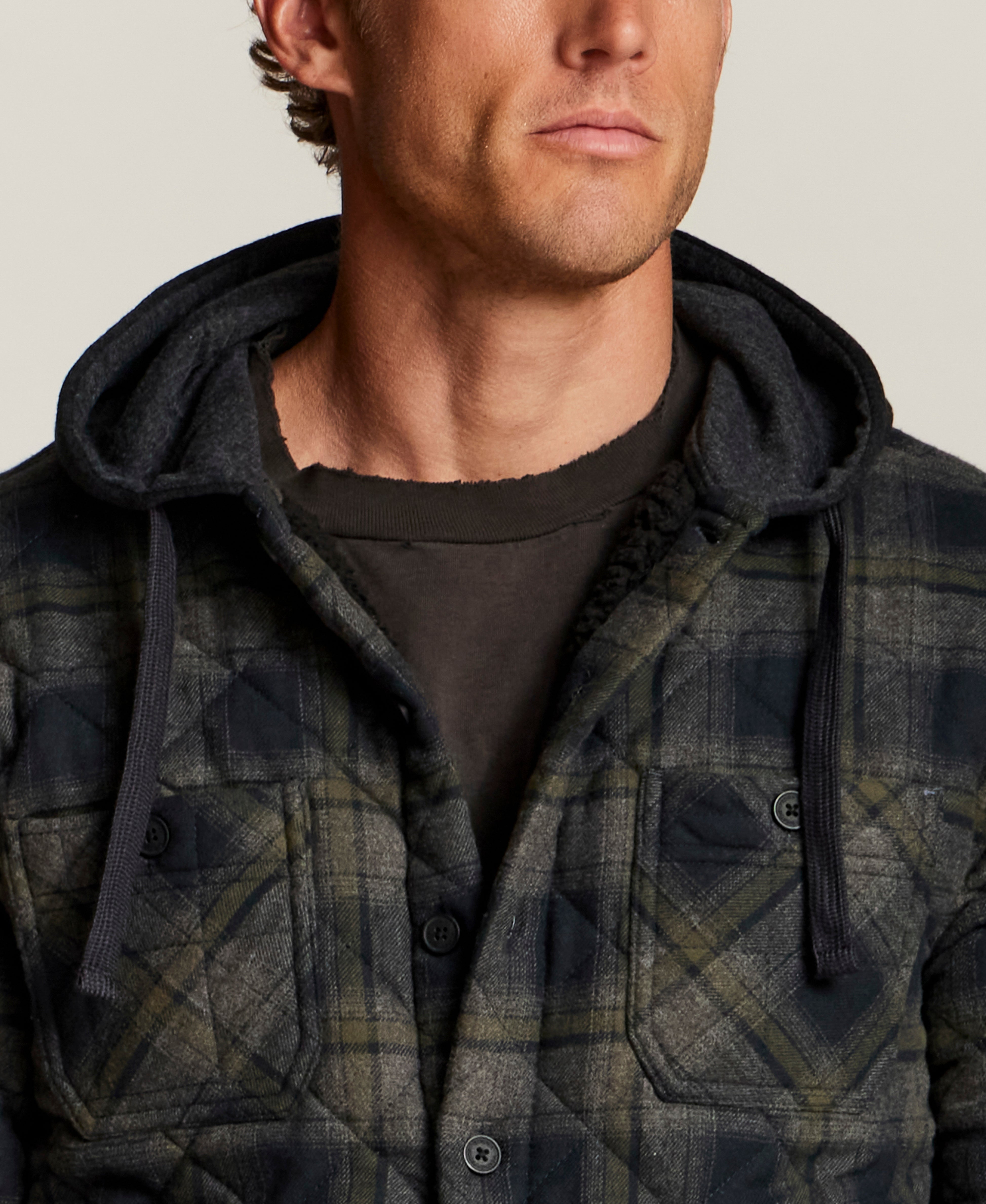 Quilted Sherpa-Lined Hooded Shirt Jacket in Grape Leaf