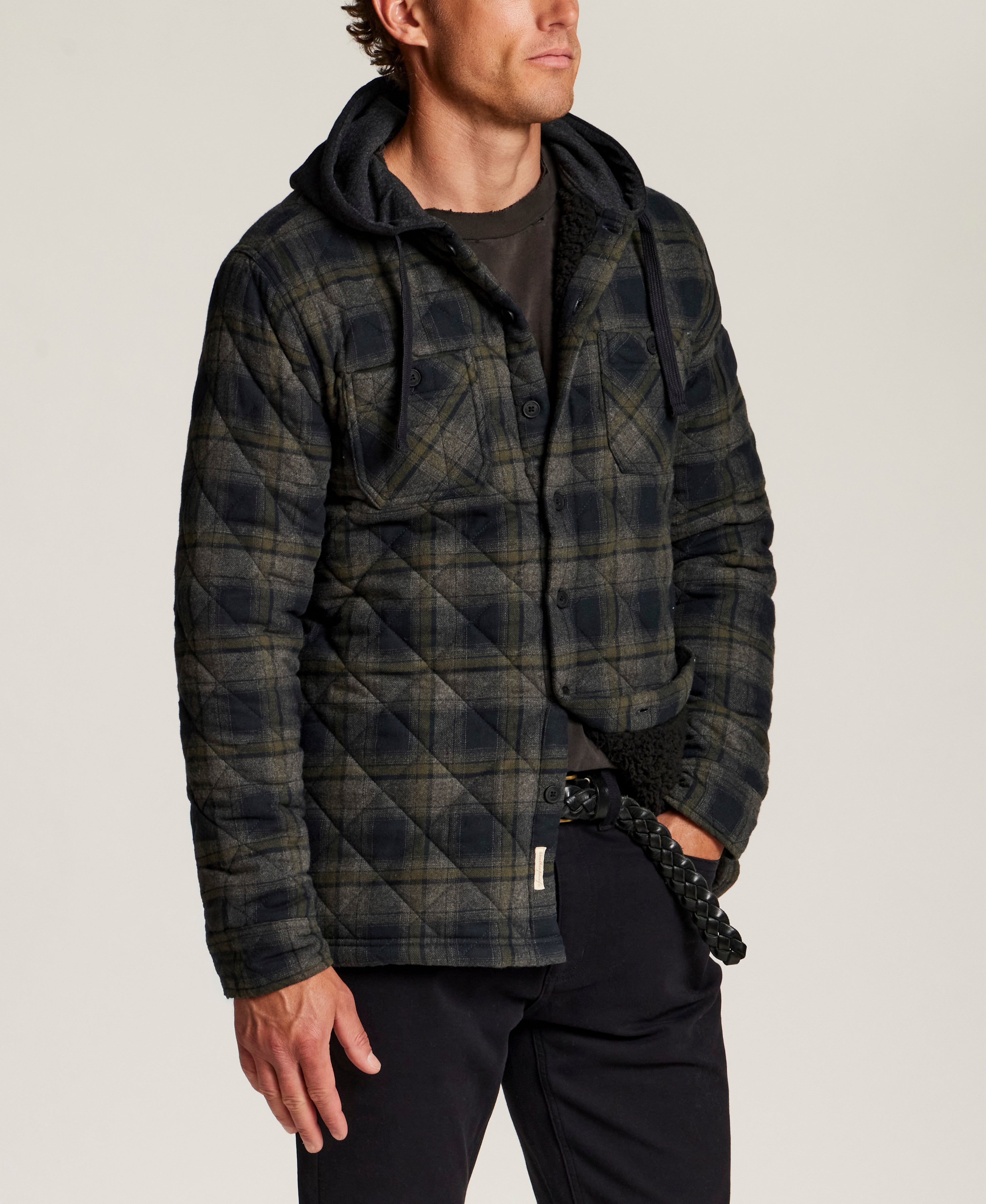 Quilted Sherpa-Lined Hooded Shirt Jacket in Grape Leaf