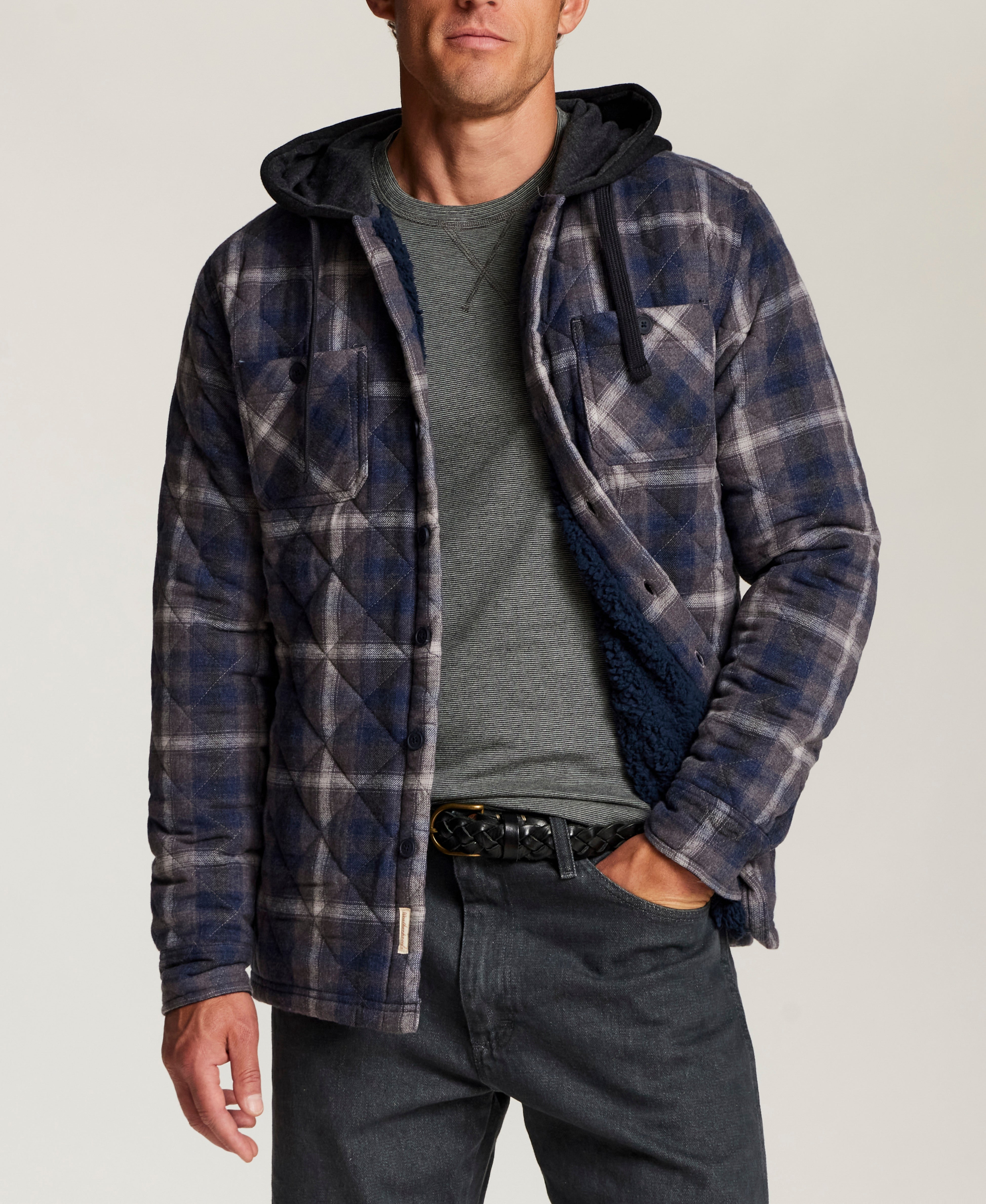 Quilted Sherpa-Lined Hooded Shirt Jacket in Indigo Sea