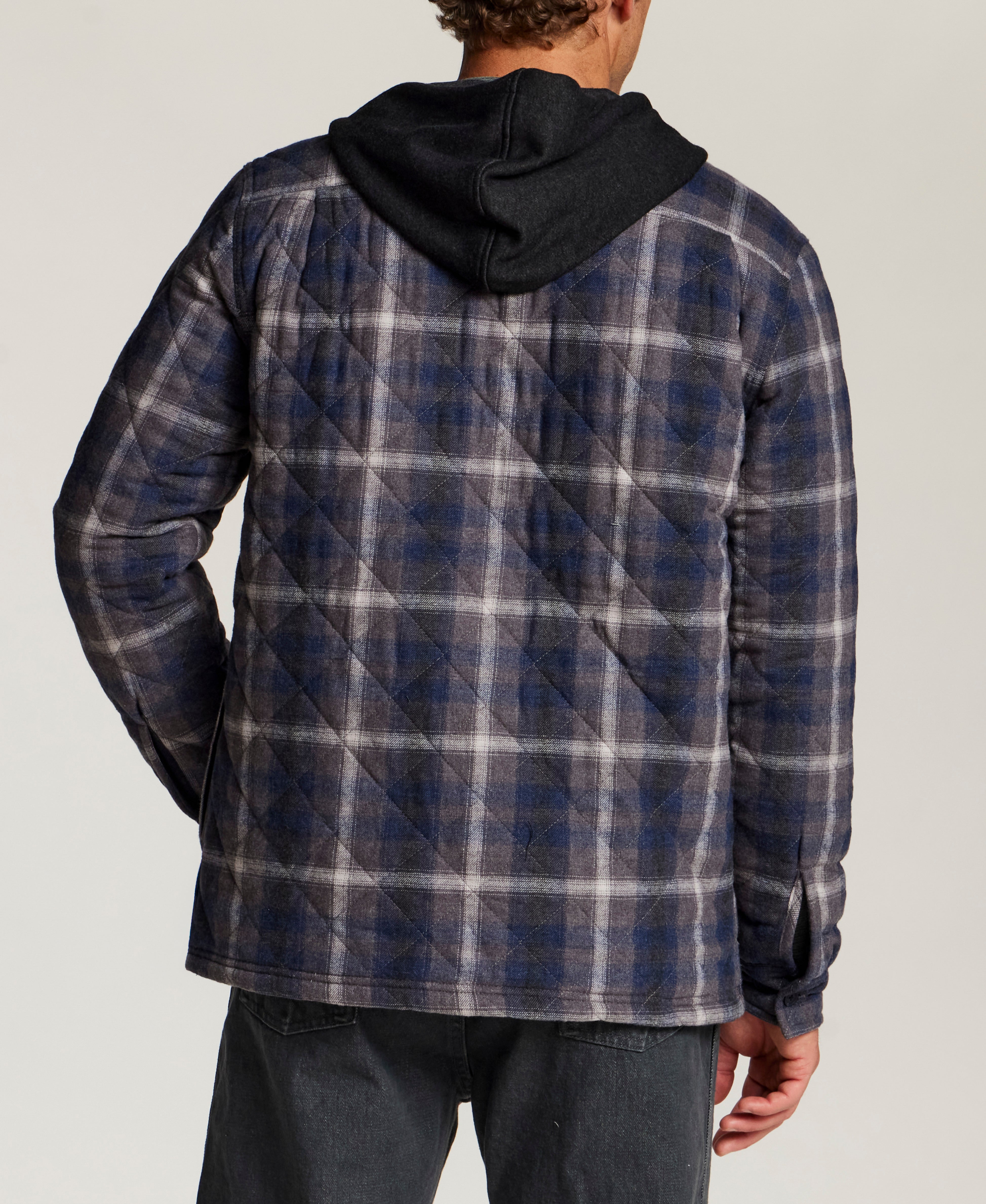 Quilted Sherpa-Lined Hooded Shirt Jacket in Indigo Sea