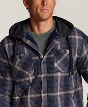 Quilted Sherpa-Lined Hooded Shirt Jacket in Indigo Sea