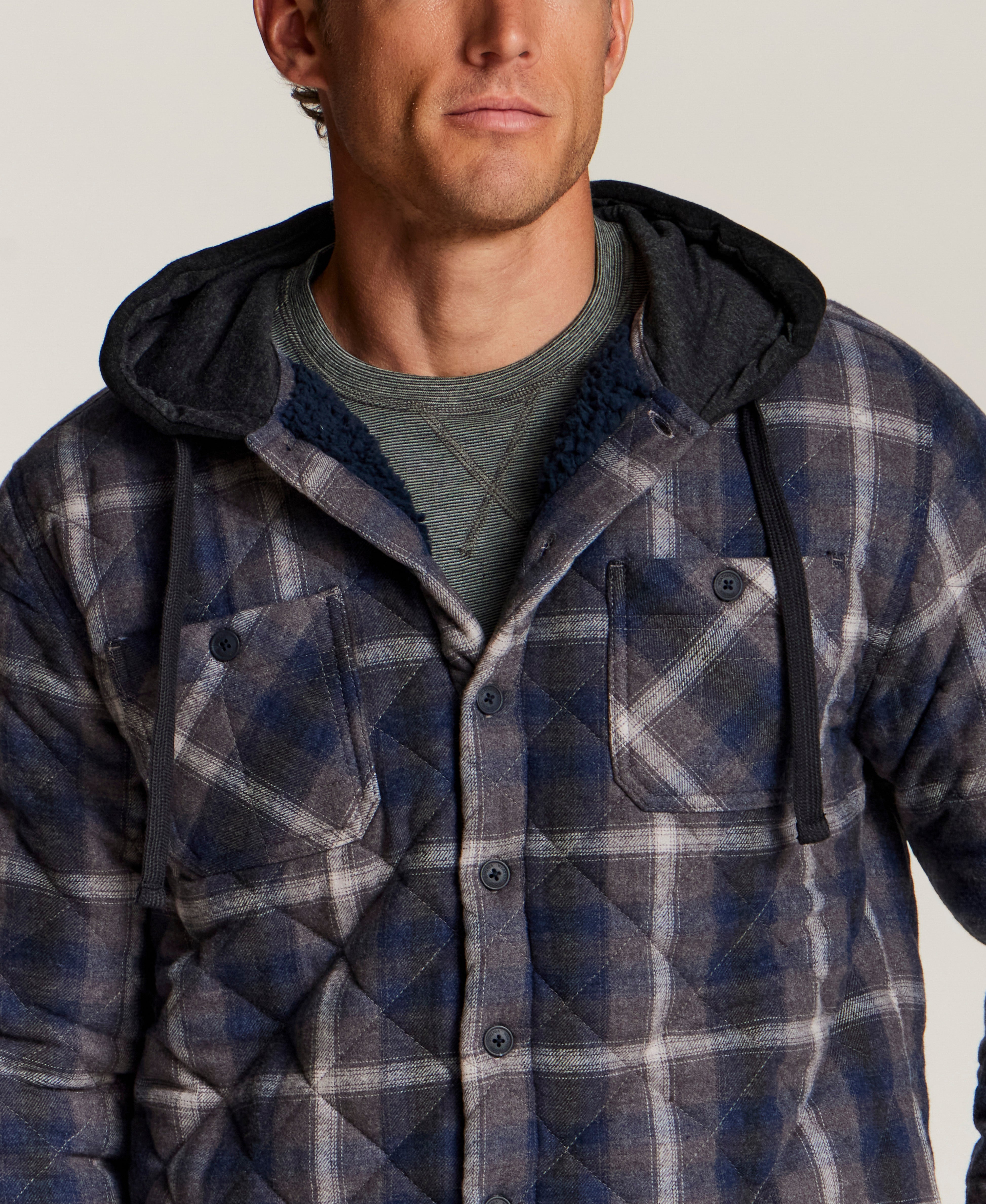 Quilted Sherpa-Lined Hooded Shirt Jacket in Indigo Sea