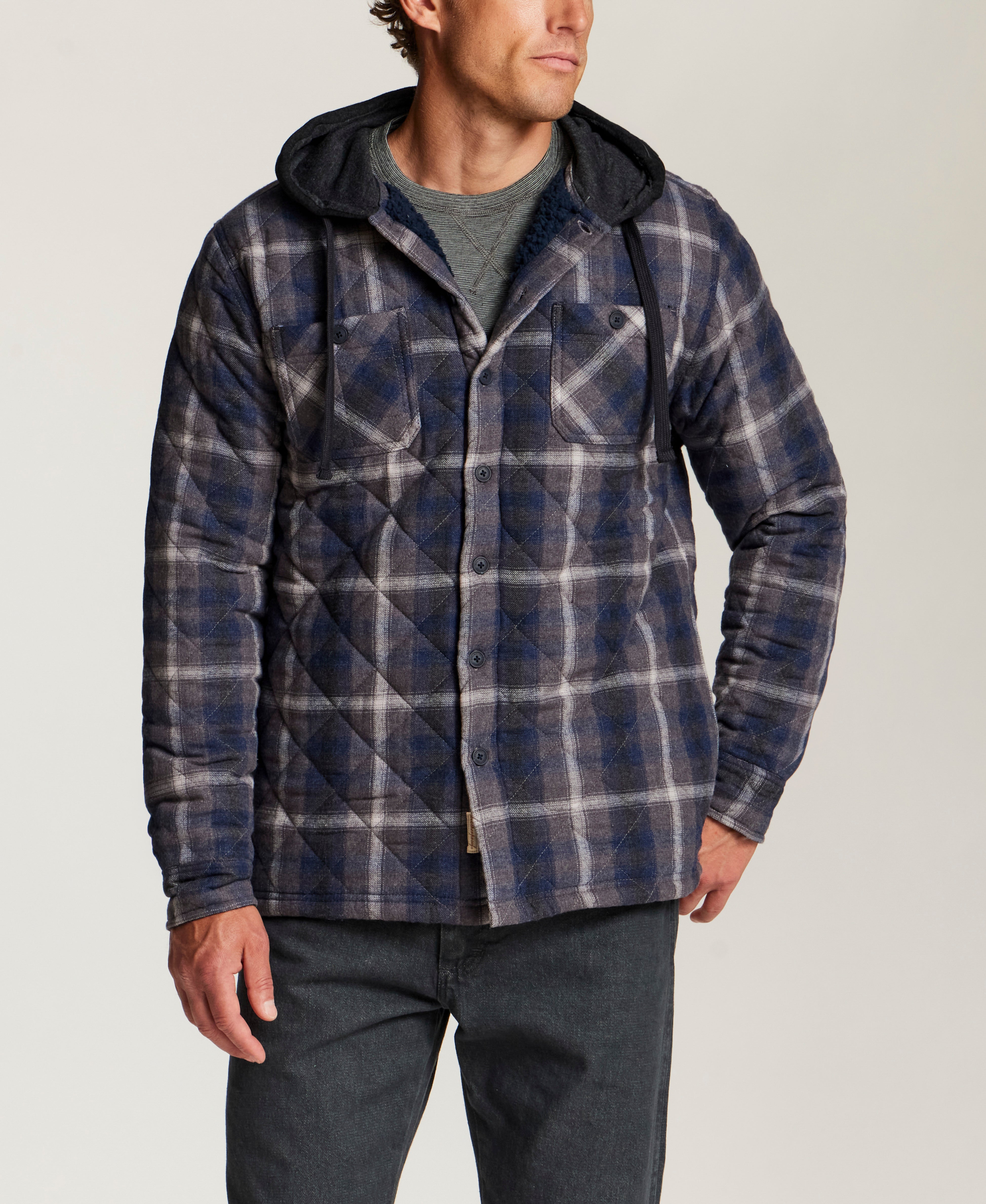 Quilted Sherpa-Lined Hooded Shirt Jacket in Indigo Sea