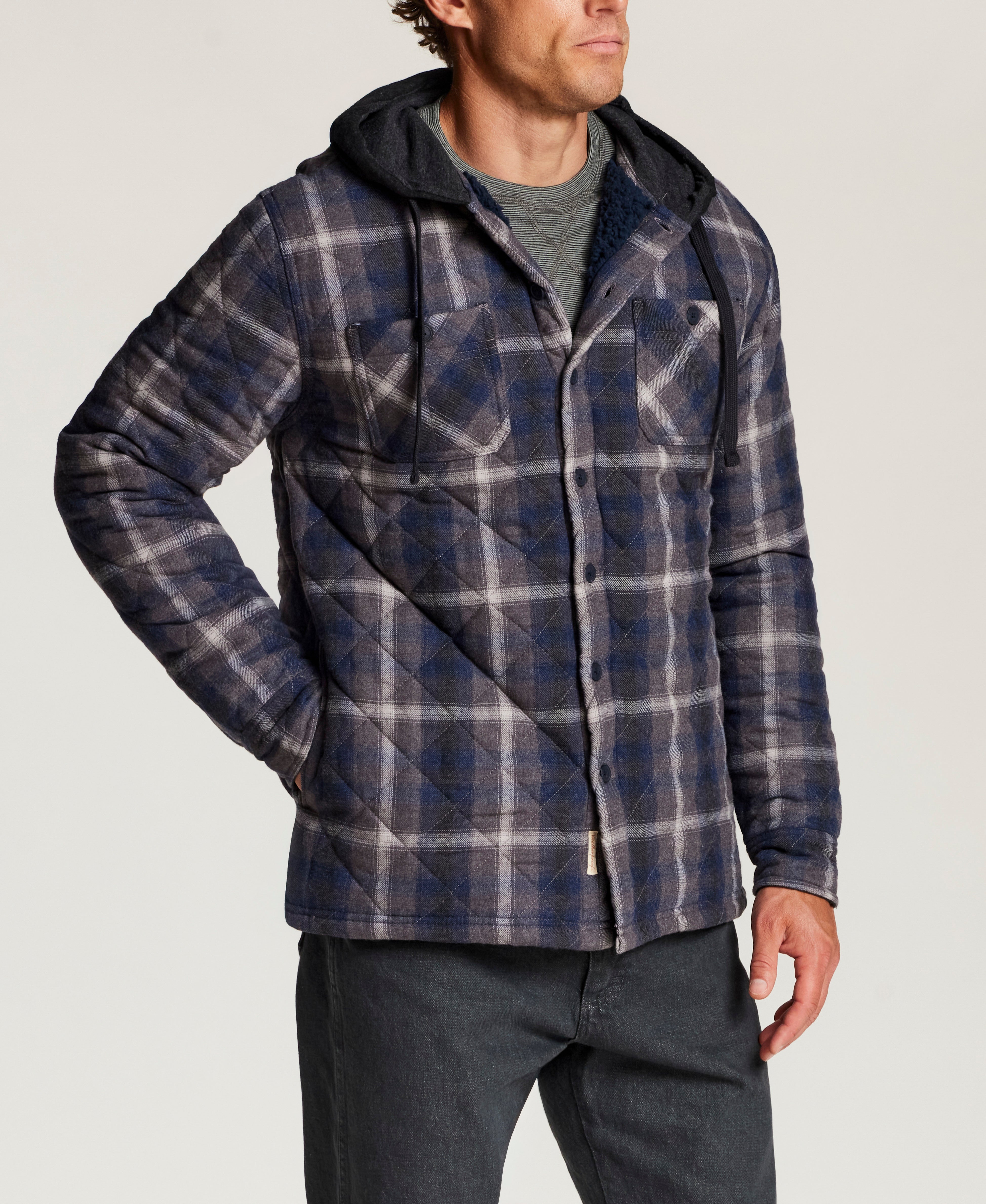 Quilted Sherpa-Lined Hooded Shirt Jacket in Indigo Sea