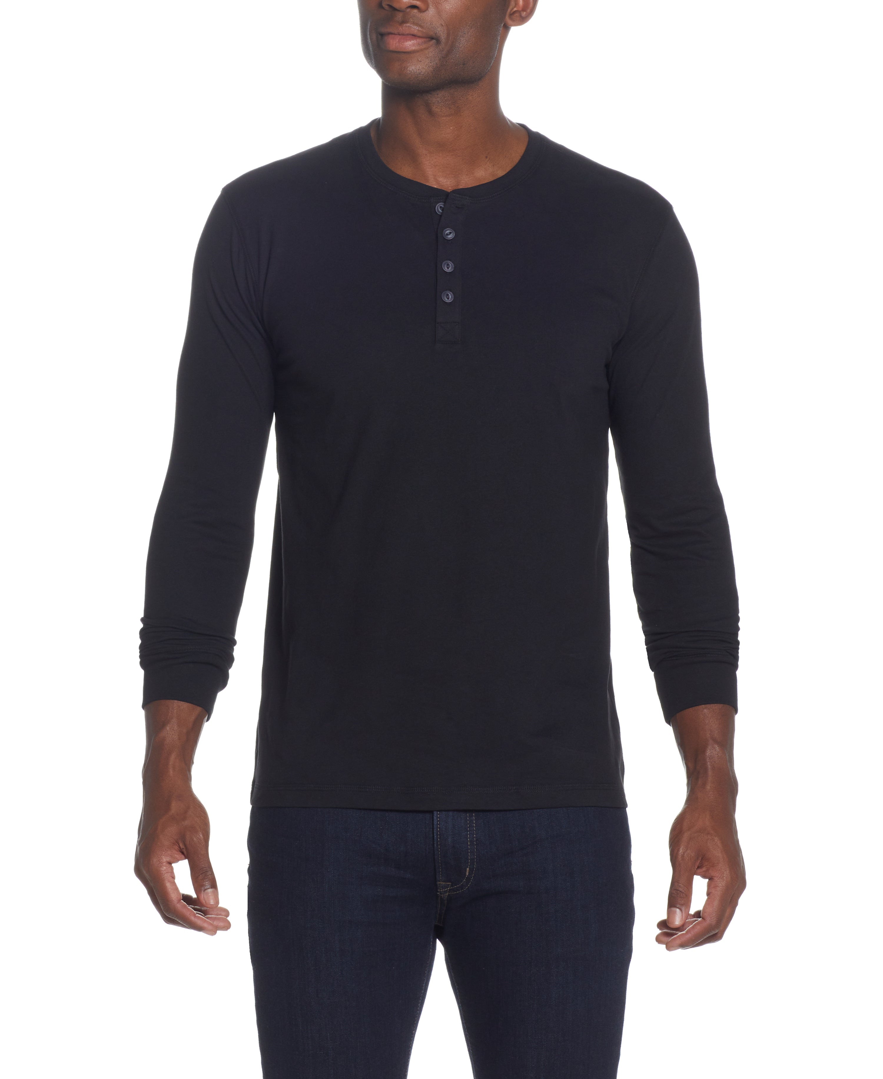 LONG SLEEVE BRUSHED JERSEY HENLEY in BLACK
