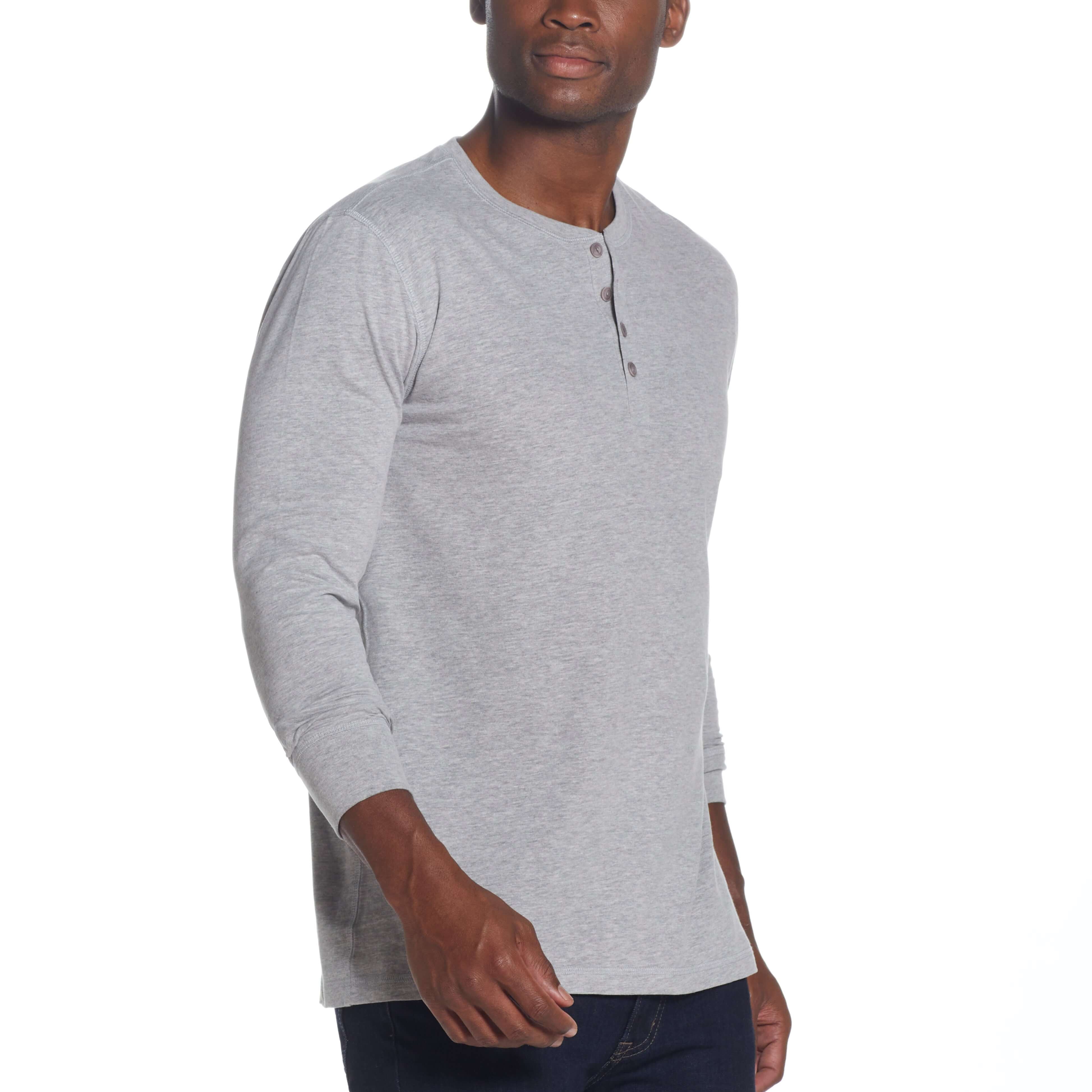 Long Sleeve Brushed Jersey Henley In Light Grey Heather