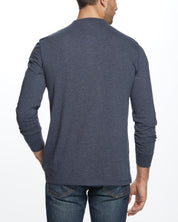Long Sleeve Brushed Jersey Henley In Maritime Blue worn by a model, showcasing the back view and lightweight design.