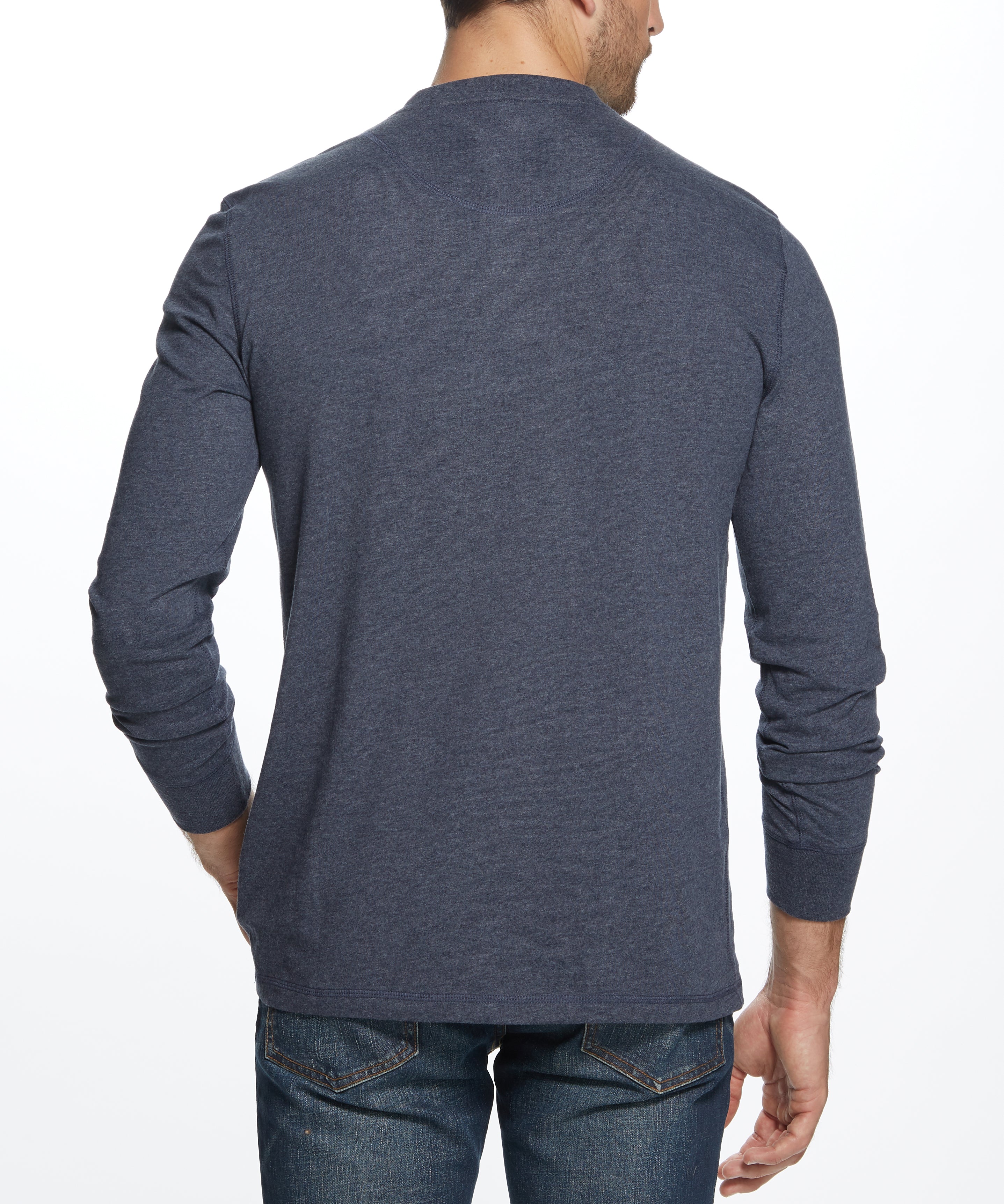 Long Sleeve Brushed Jersey Henley In Maritime Blue worn by a model, showcasing the back view and lightweight design.