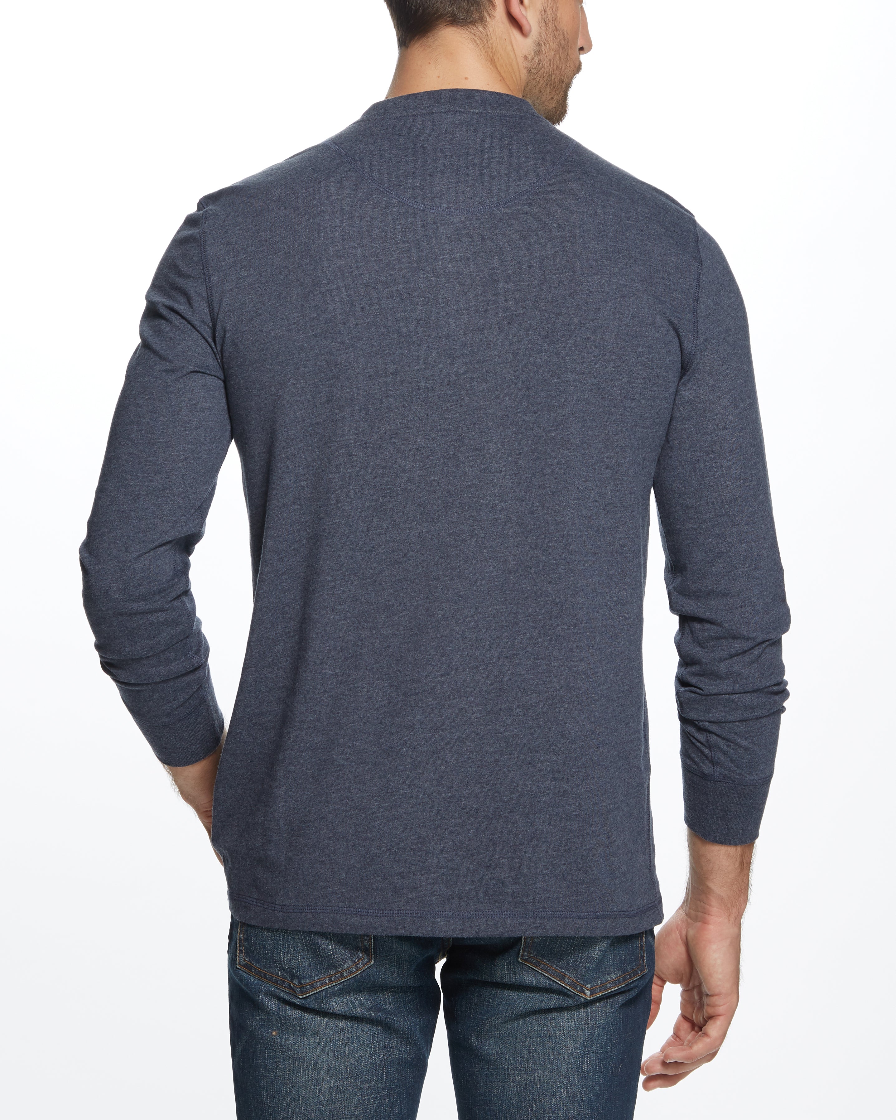 Long Sleeve Brushed Jersey Henley In Maritime Blue worn by a model, showcasing the back view and lightweight design.