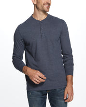 Long Sleeve Brushed Jersey Henley In Maritime Blue worn by a model, showcasing its comfortable fit and style.