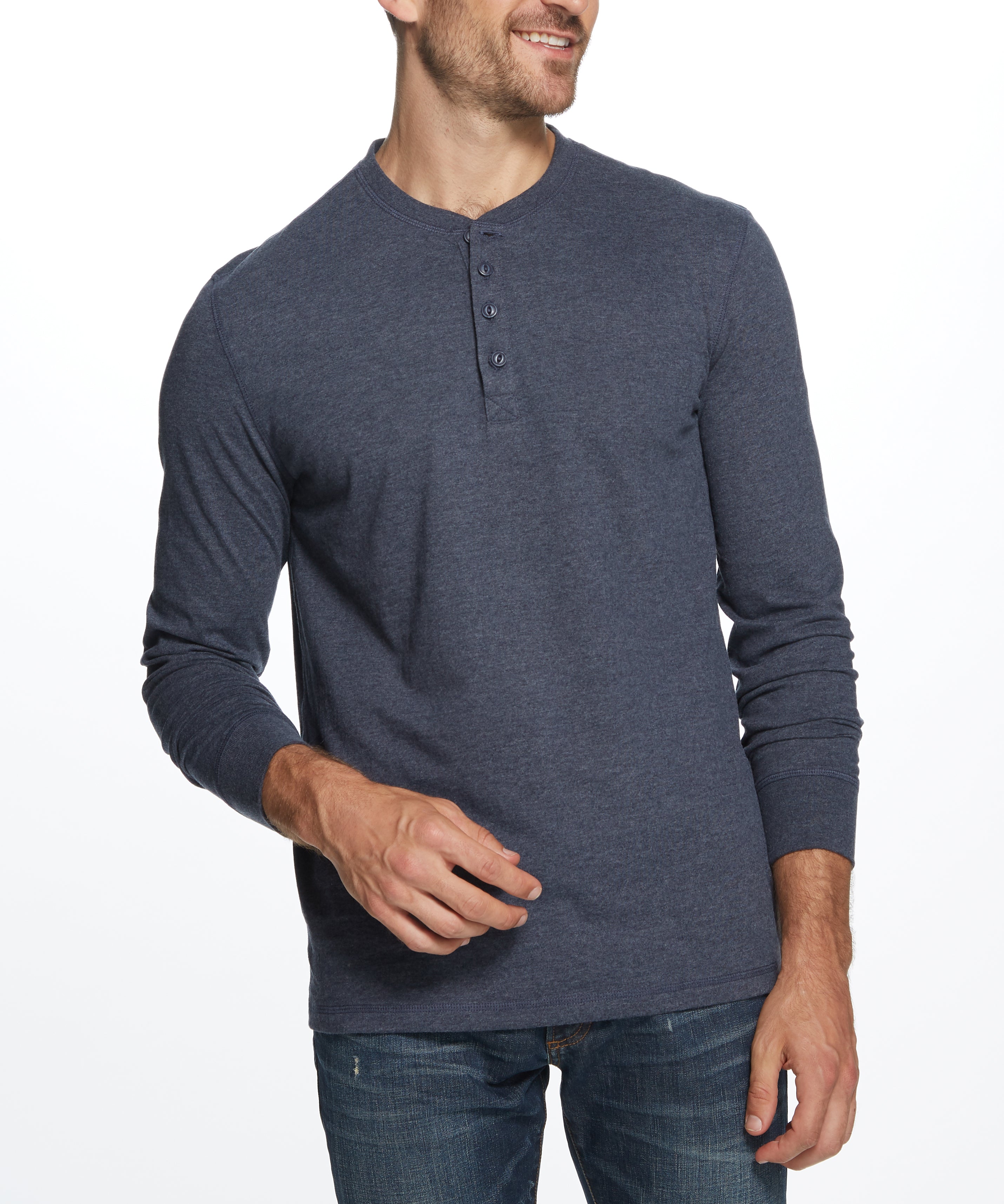 Long Sleeve Brushed Jersey Henley In Maritime Blue worn by a model, showcasing its comfortable fit and style.