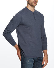 Long Sleeve Brushed Jersey Henley In Maritime Blue displayed on a model, showcasing its soft fabric and relaxed fit.