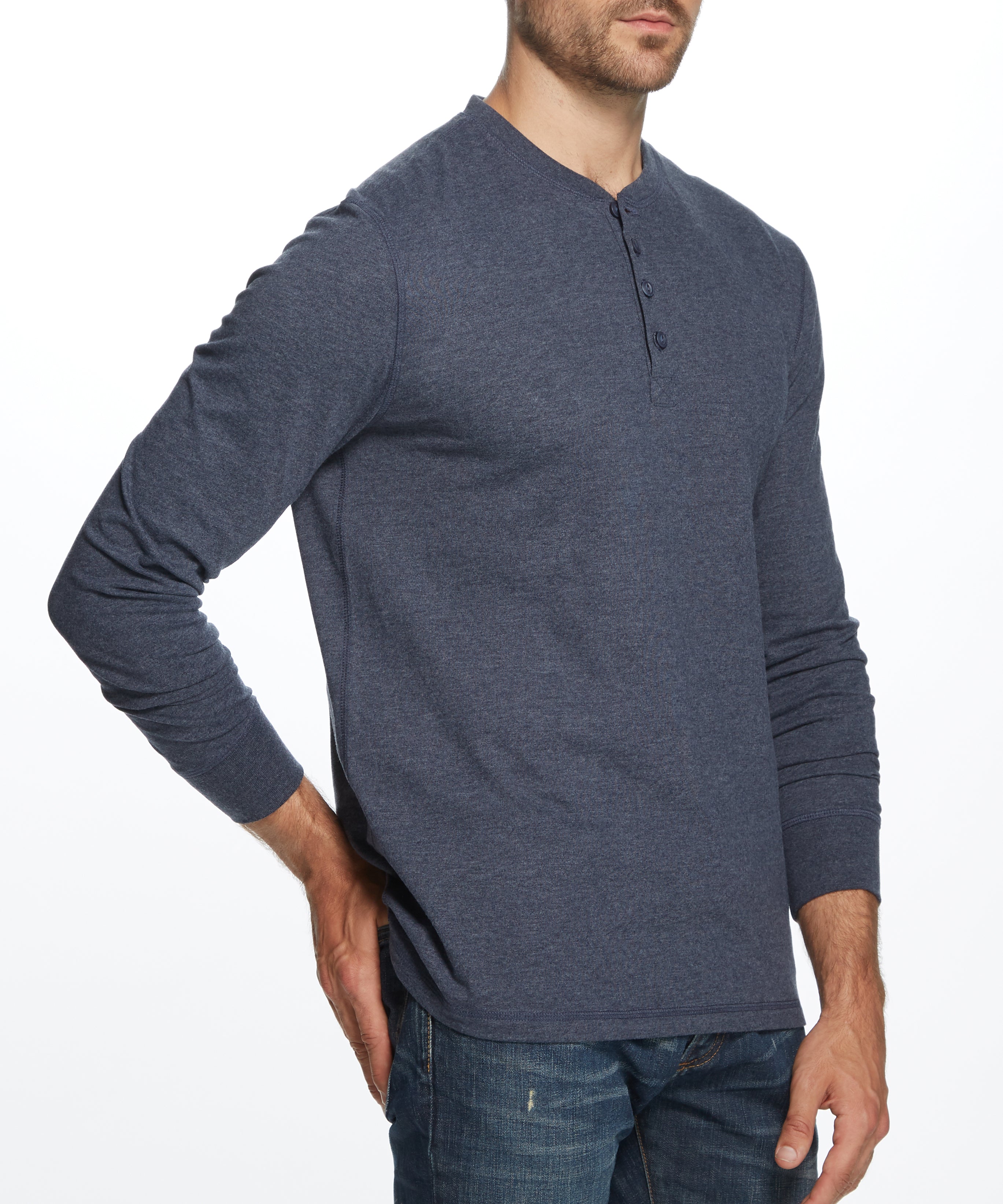 Long Sleeve Brushed Jersey Henley In Maritime Blue displayed on a model, showcasing its soft fabric and relaxed fit.