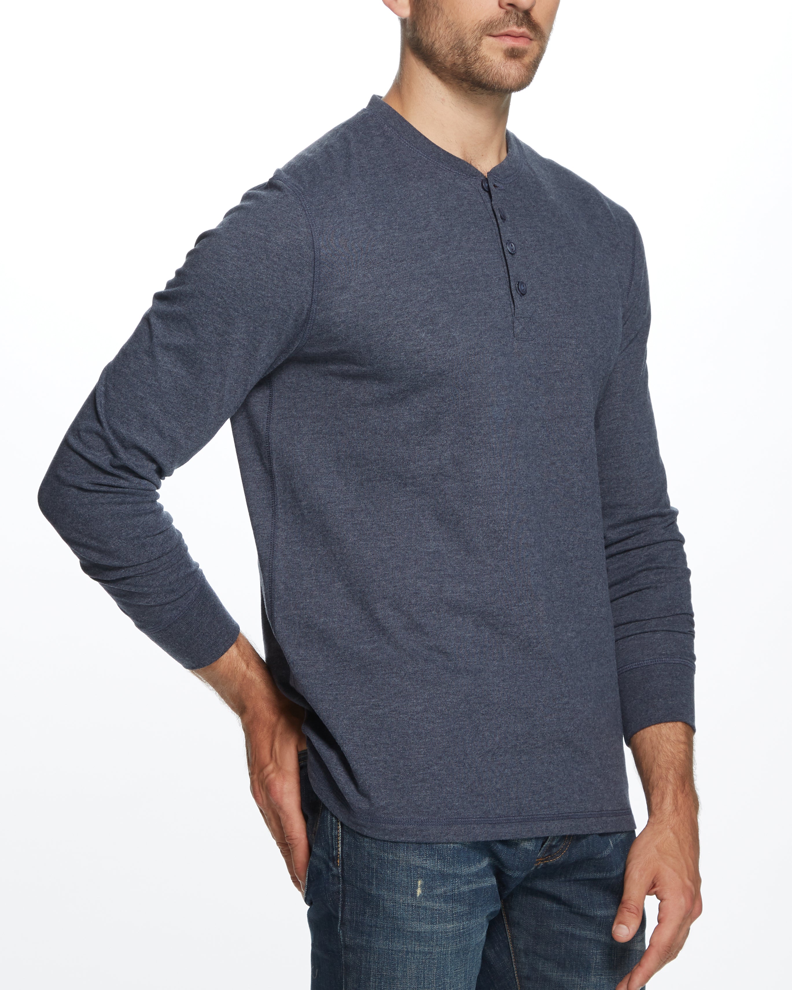 Long Sleeve Brushed Jersey Henley In Maritime Blue displayed on a model, showcasing its soft fabric and relaxed fit.