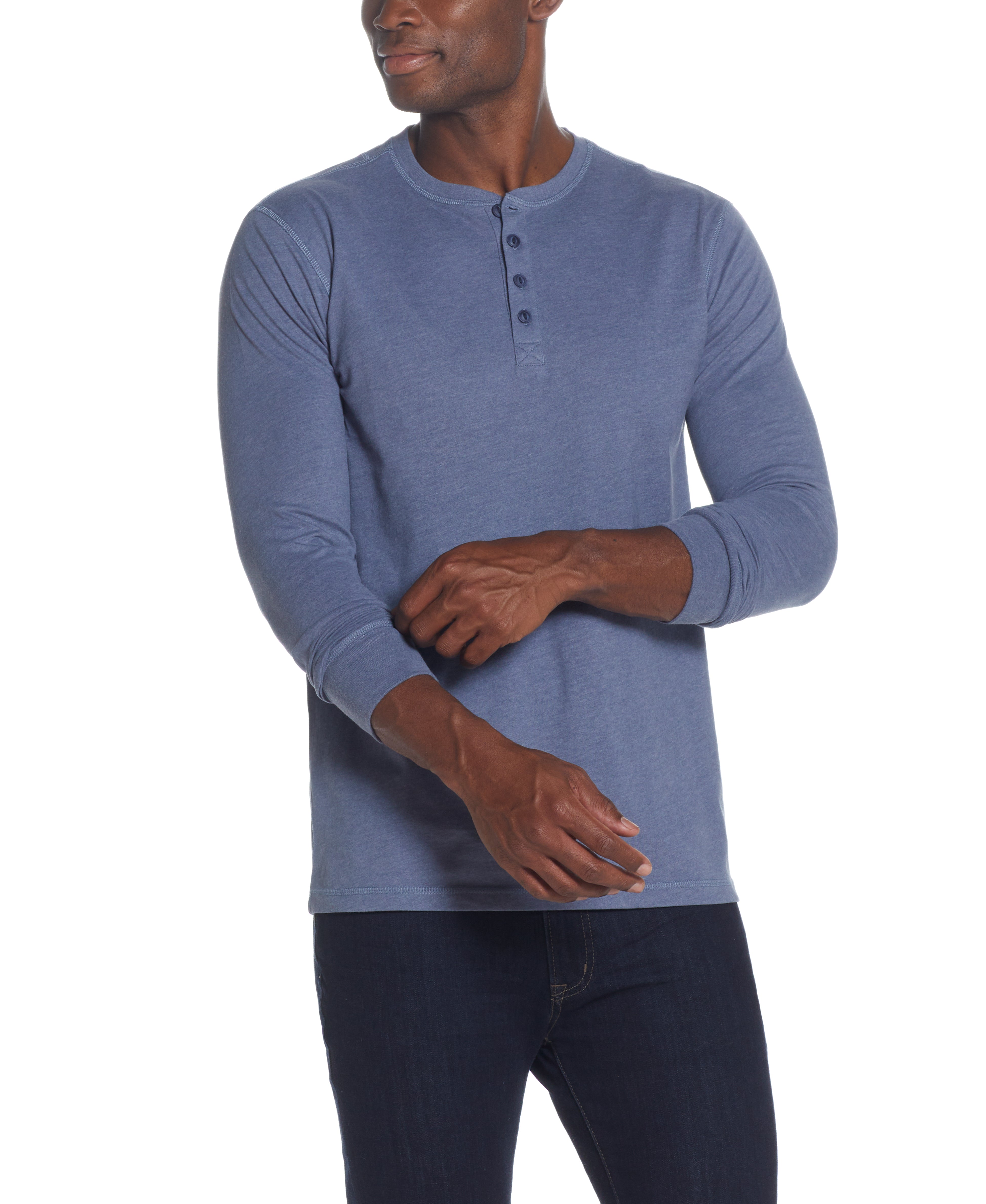 Long Sleeve Brushed Jersey Henley In Medium Blue Heather