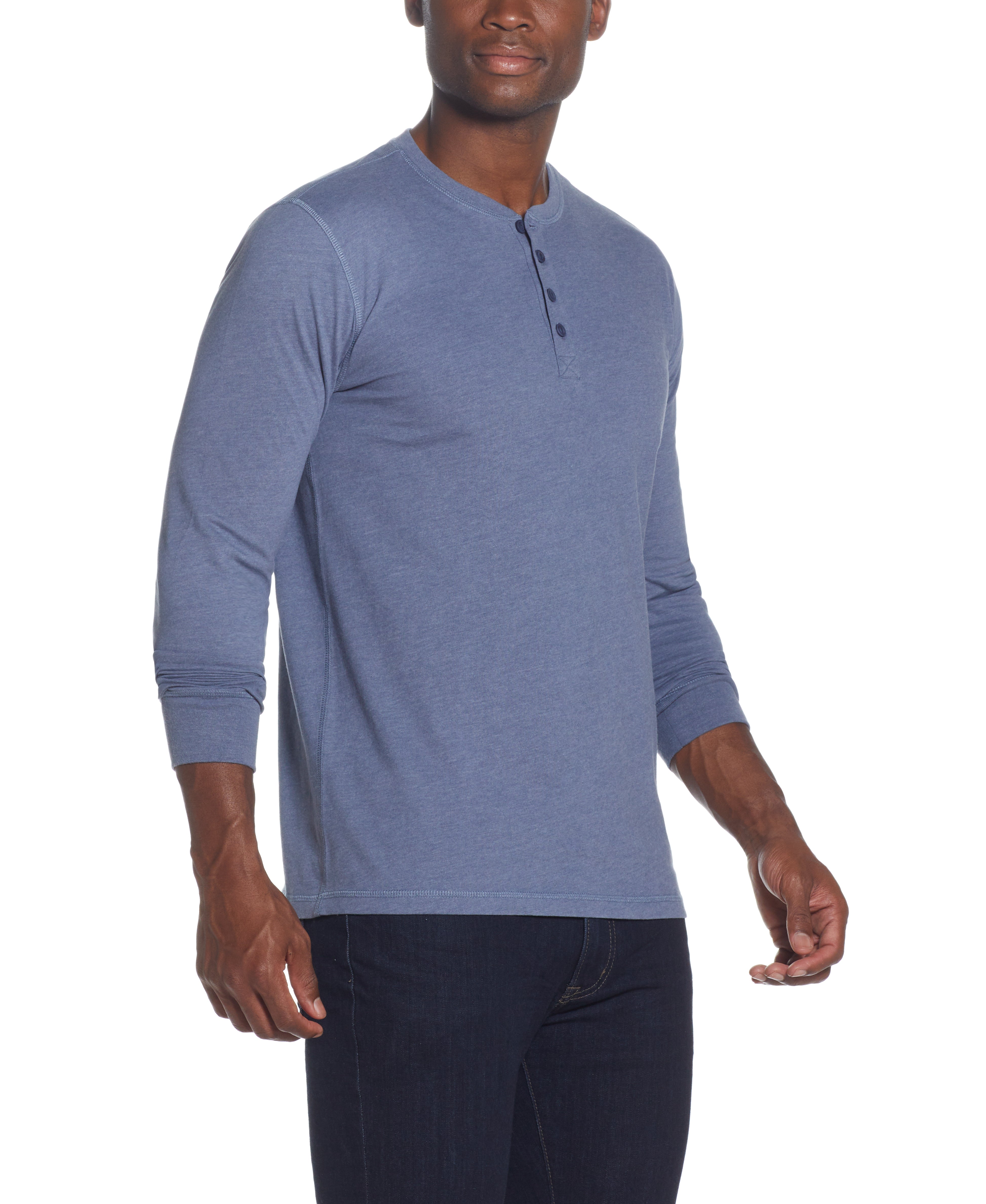 Long Sleeve Brushed Jersey Henley In Medium Blue Heather