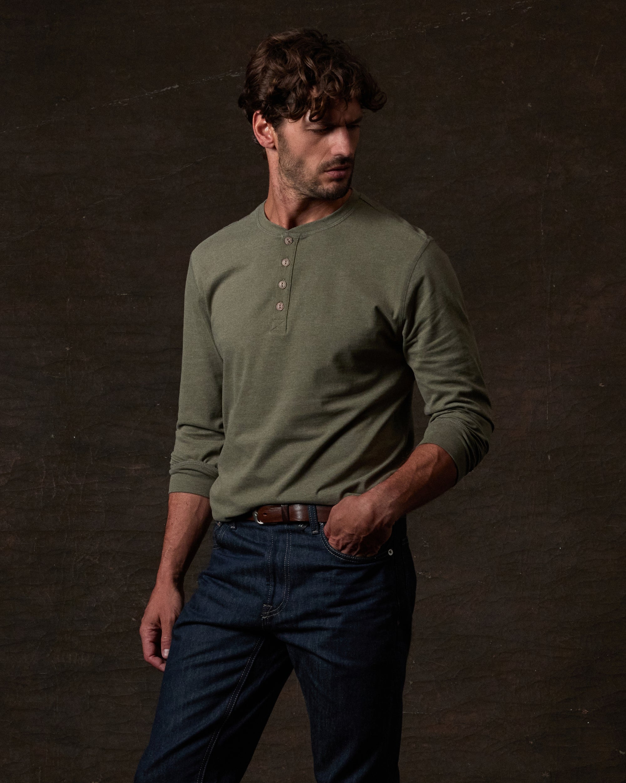 Long Sleeve Brushed Jersey Henley in Olive