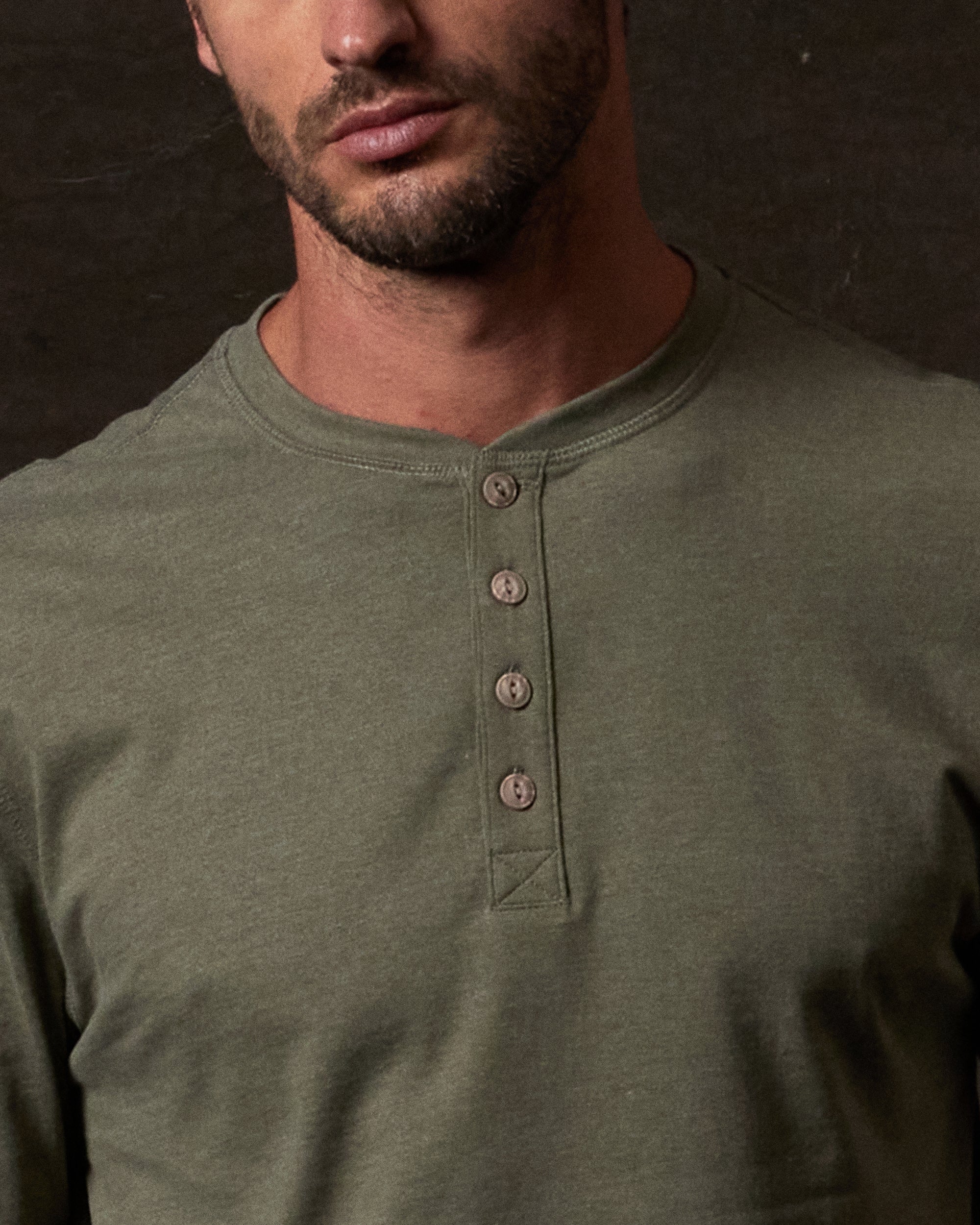 Long Sleeve Brushed Jersey Henley in Olive