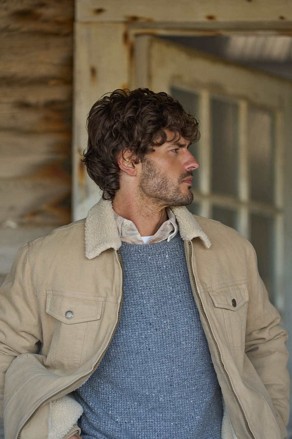 Sherpa Lined Canvas Twill Trucker in White Pepper