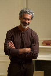 Long Sleeve Crinkle Henley in Brown