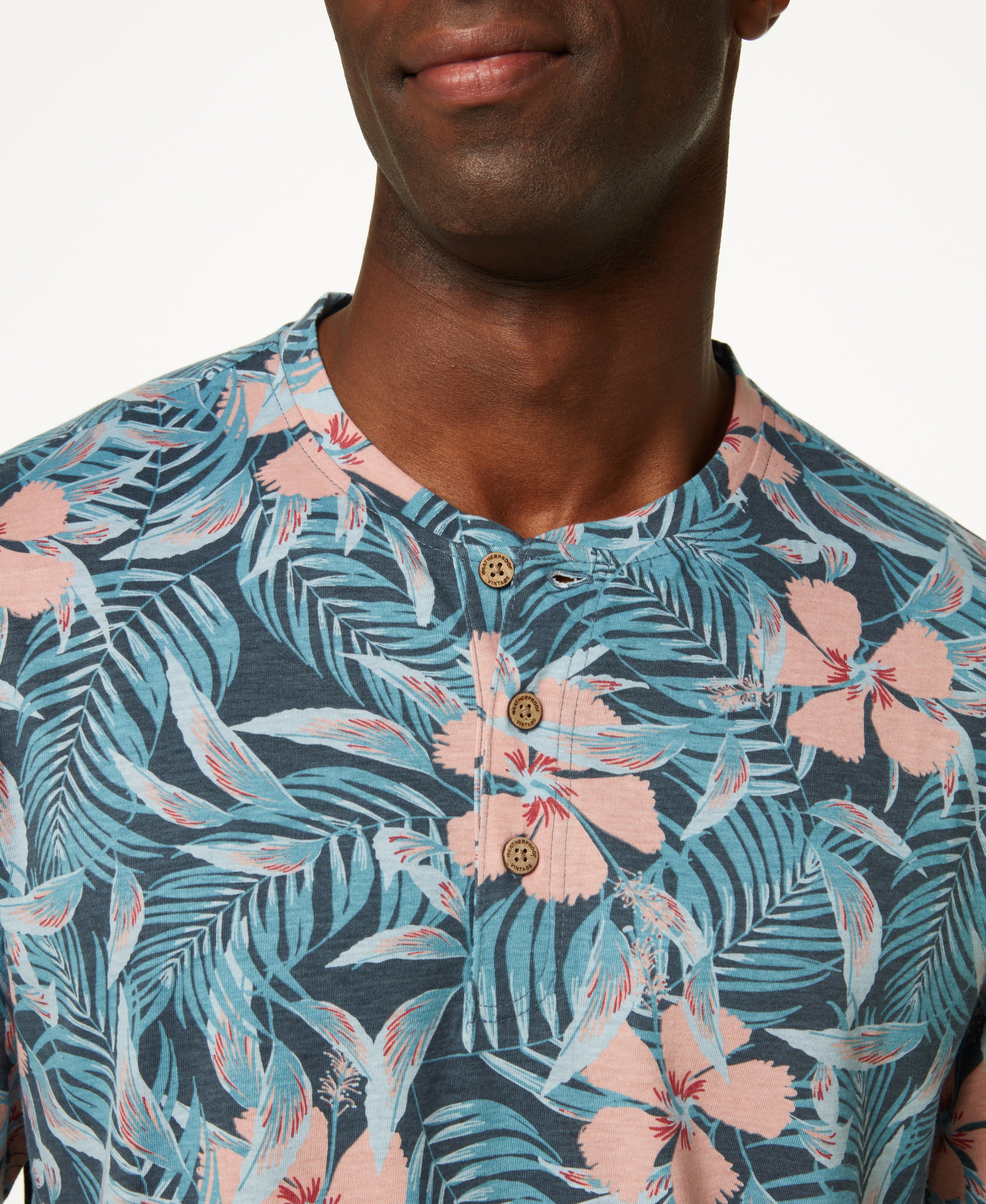 Printed Short Sleeve Henley In Dress Blue