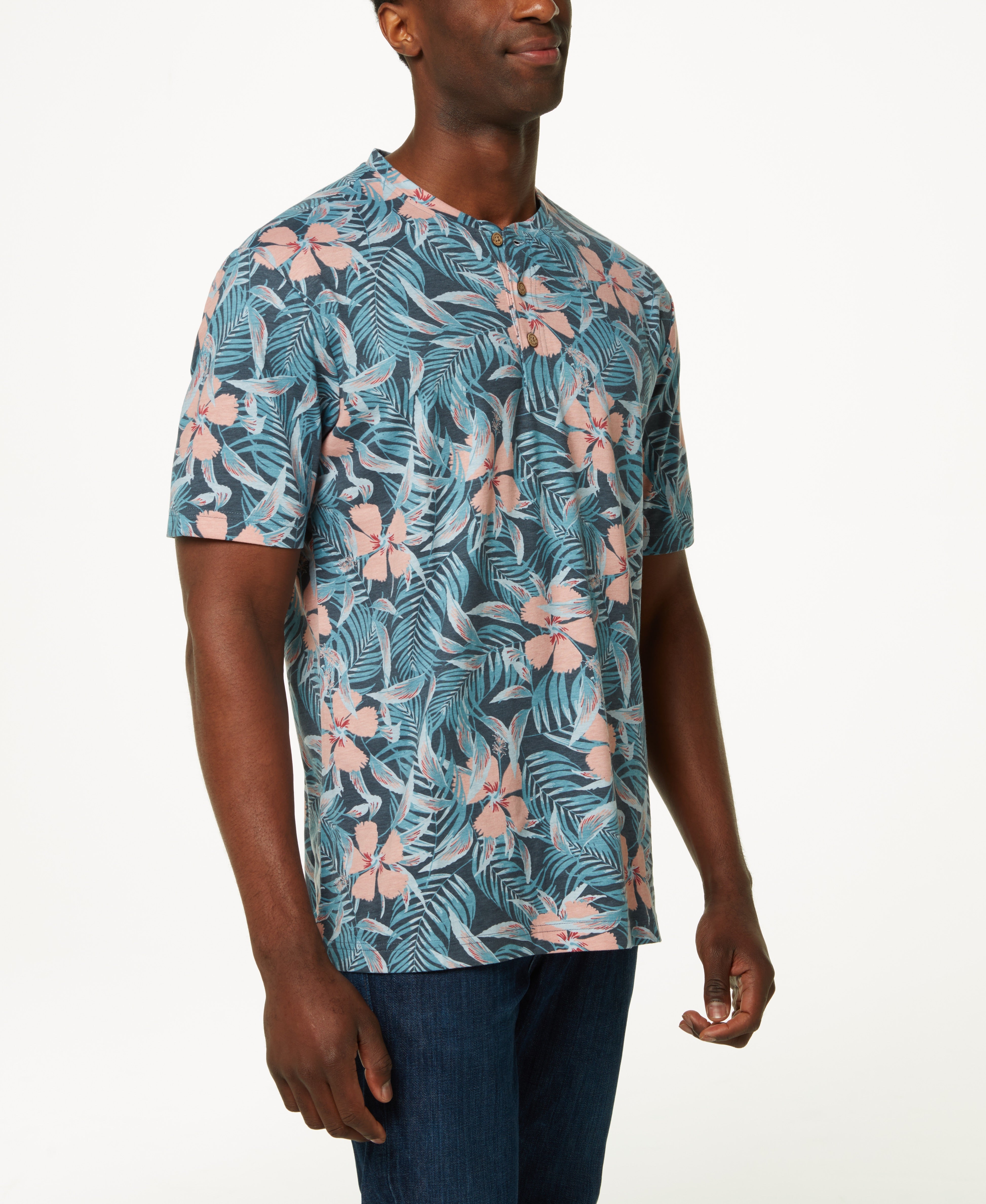Printed Short Sleeve Henley In Dress Blue