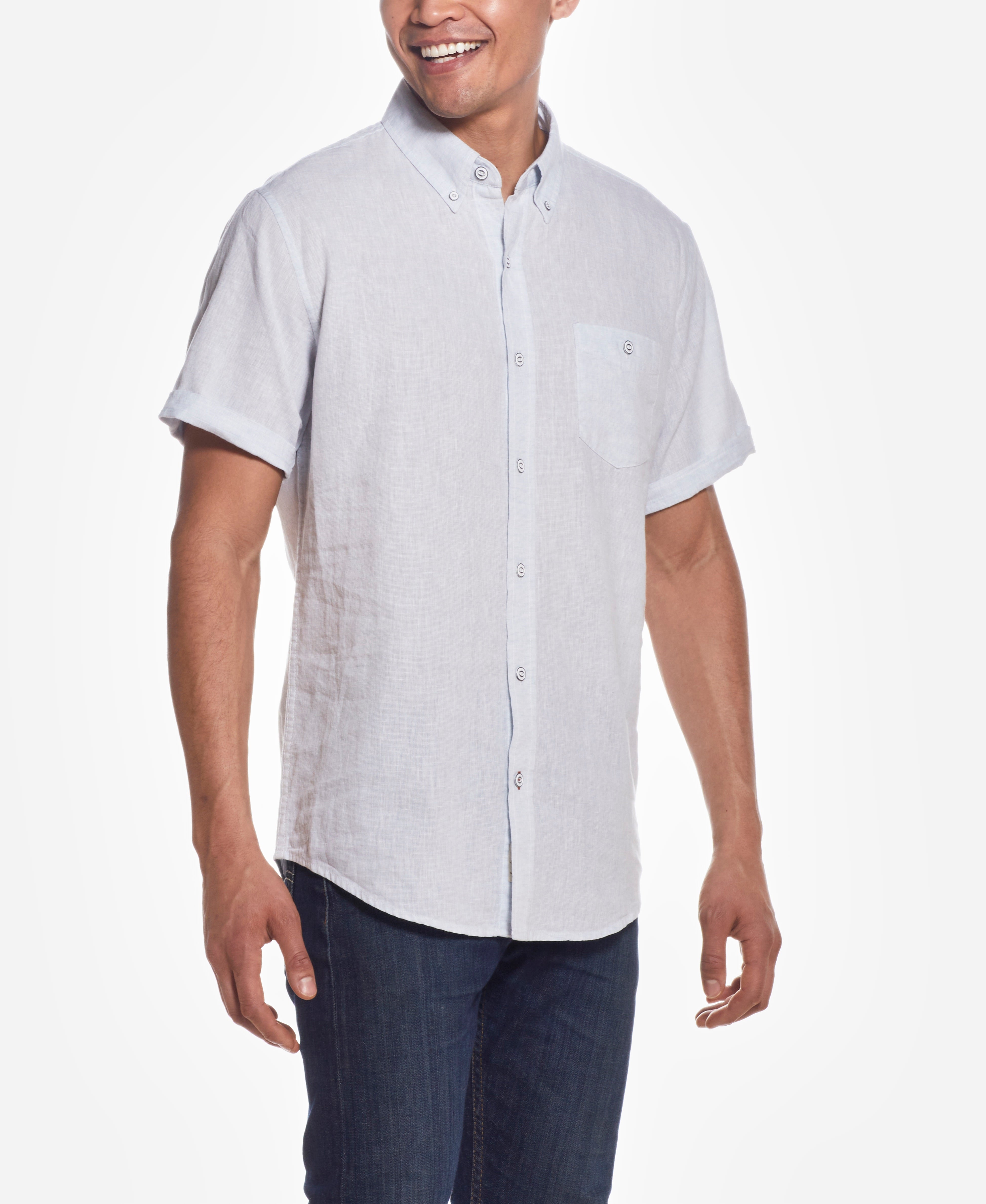 Short Sleeve Solid Linen Cotton in Dusty Blue