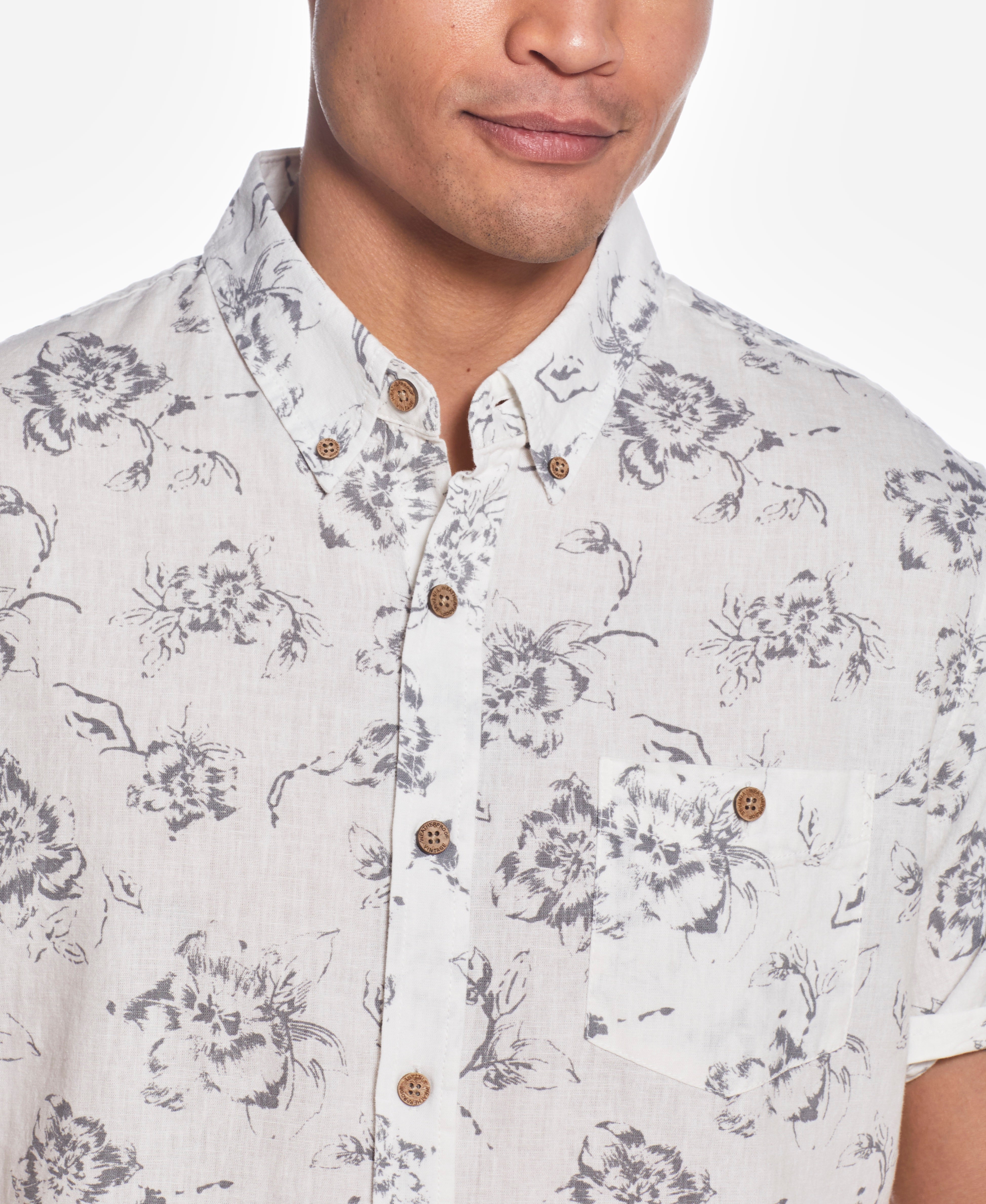 Short Sleeve Linen Cotton Floral Print In Grey