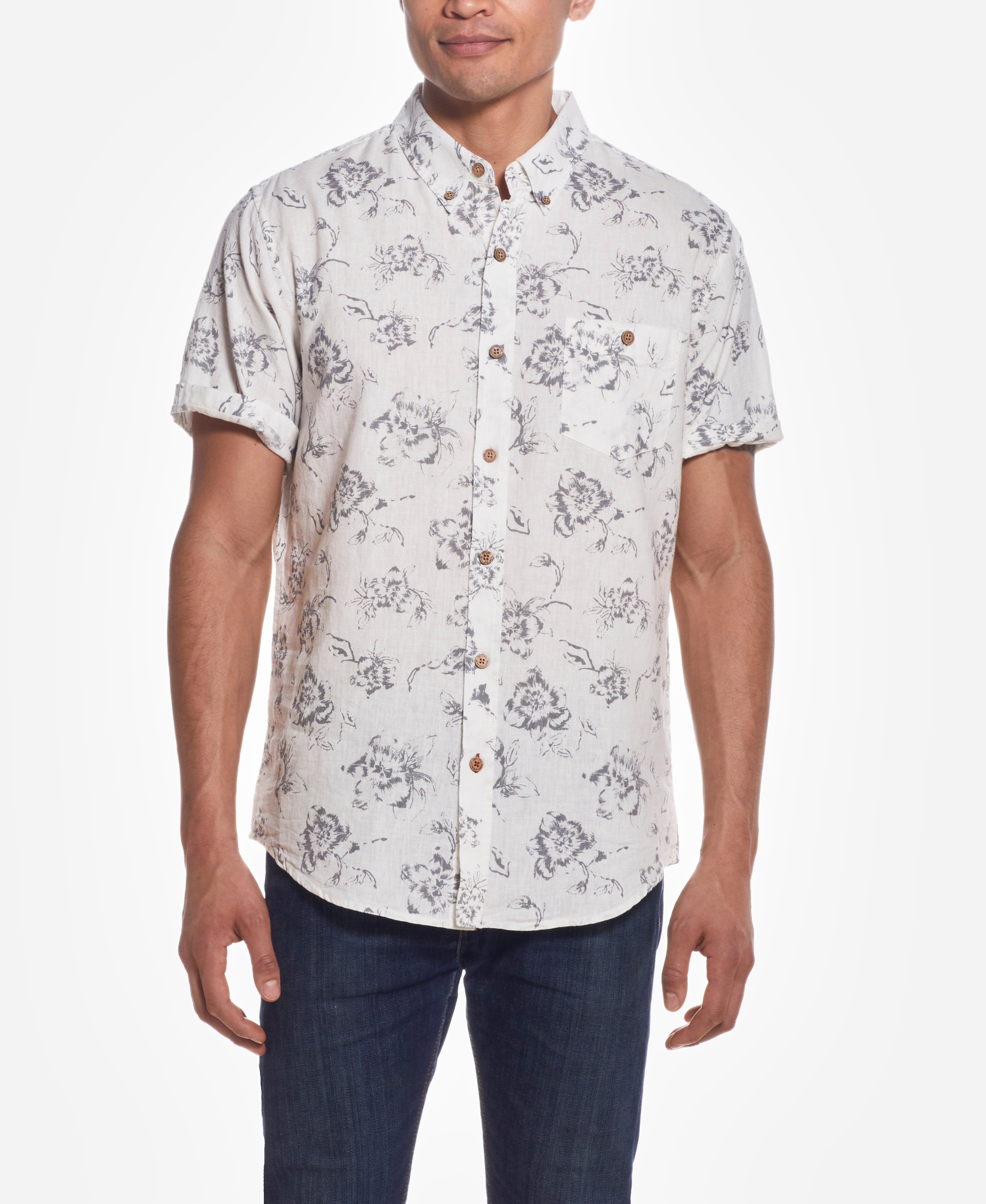 Short Sleeve Linen Cotton Floral Print In Grey