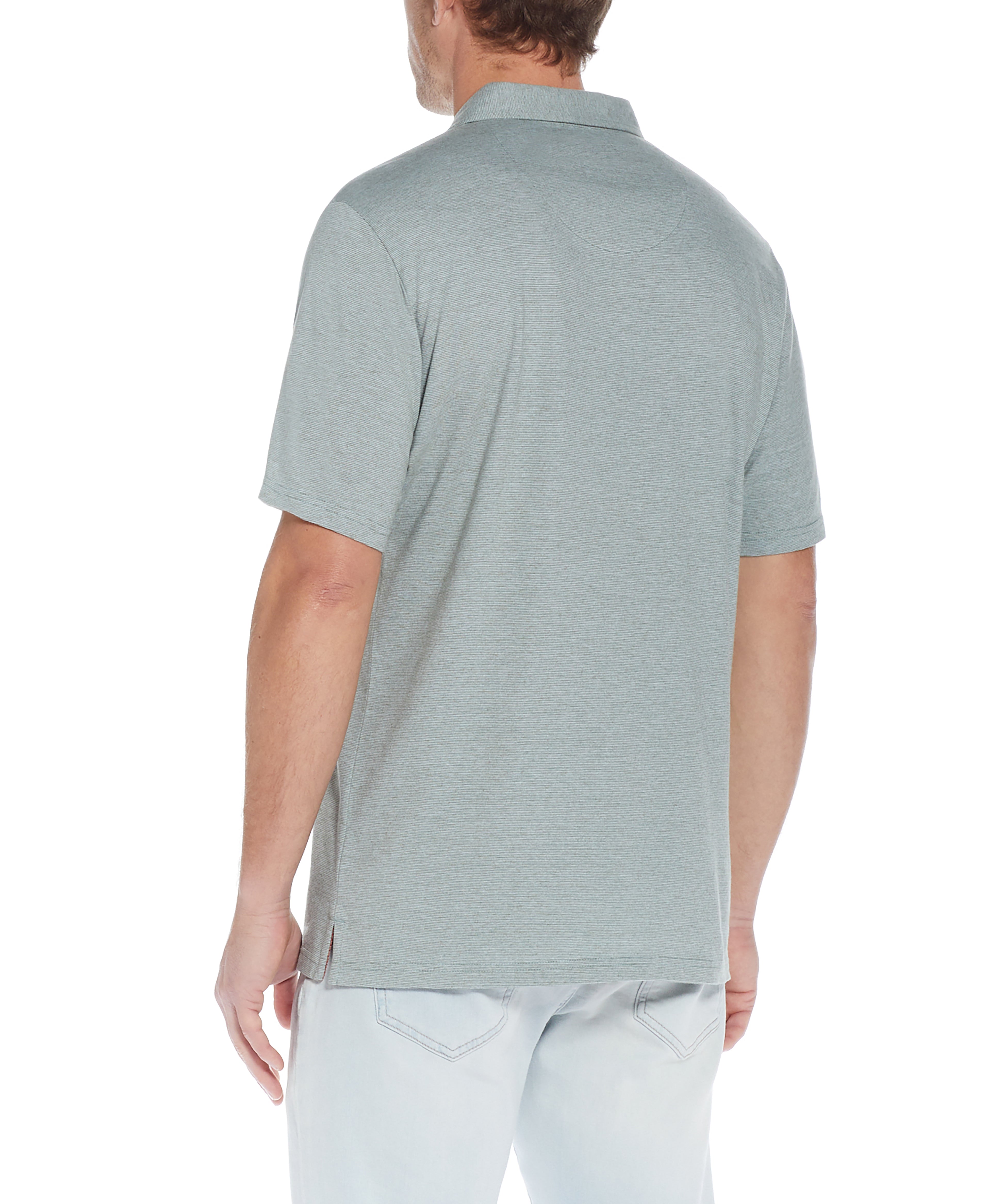 Back view of Micro Stripe Coat Front Knit In Four Leaf Clover showcasing its split side hem and comfort stretch.